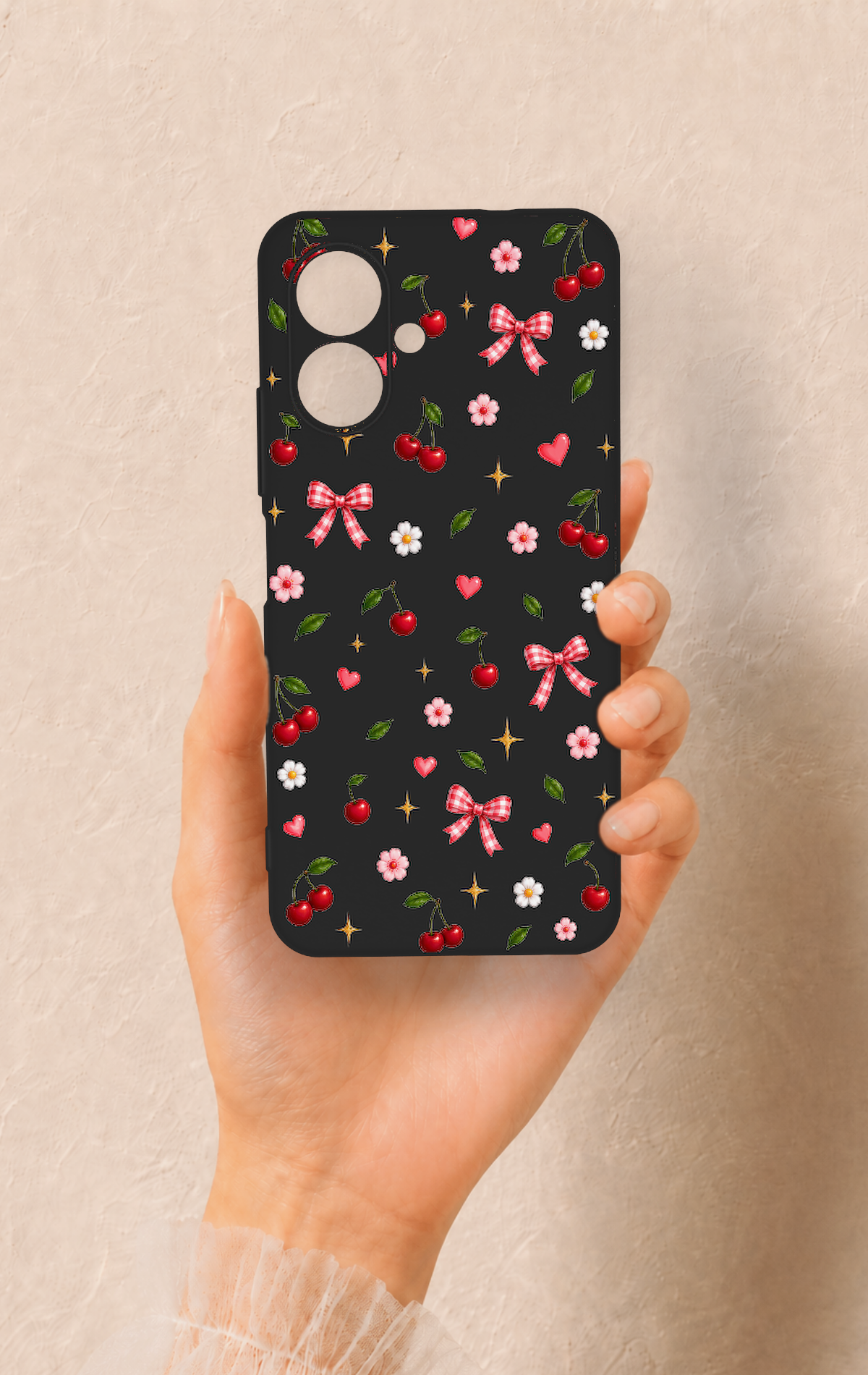 Tecno Spark Go 2 Uyumlu Papatya Kiraz Fiyonk Desenli Silikon Kılıf