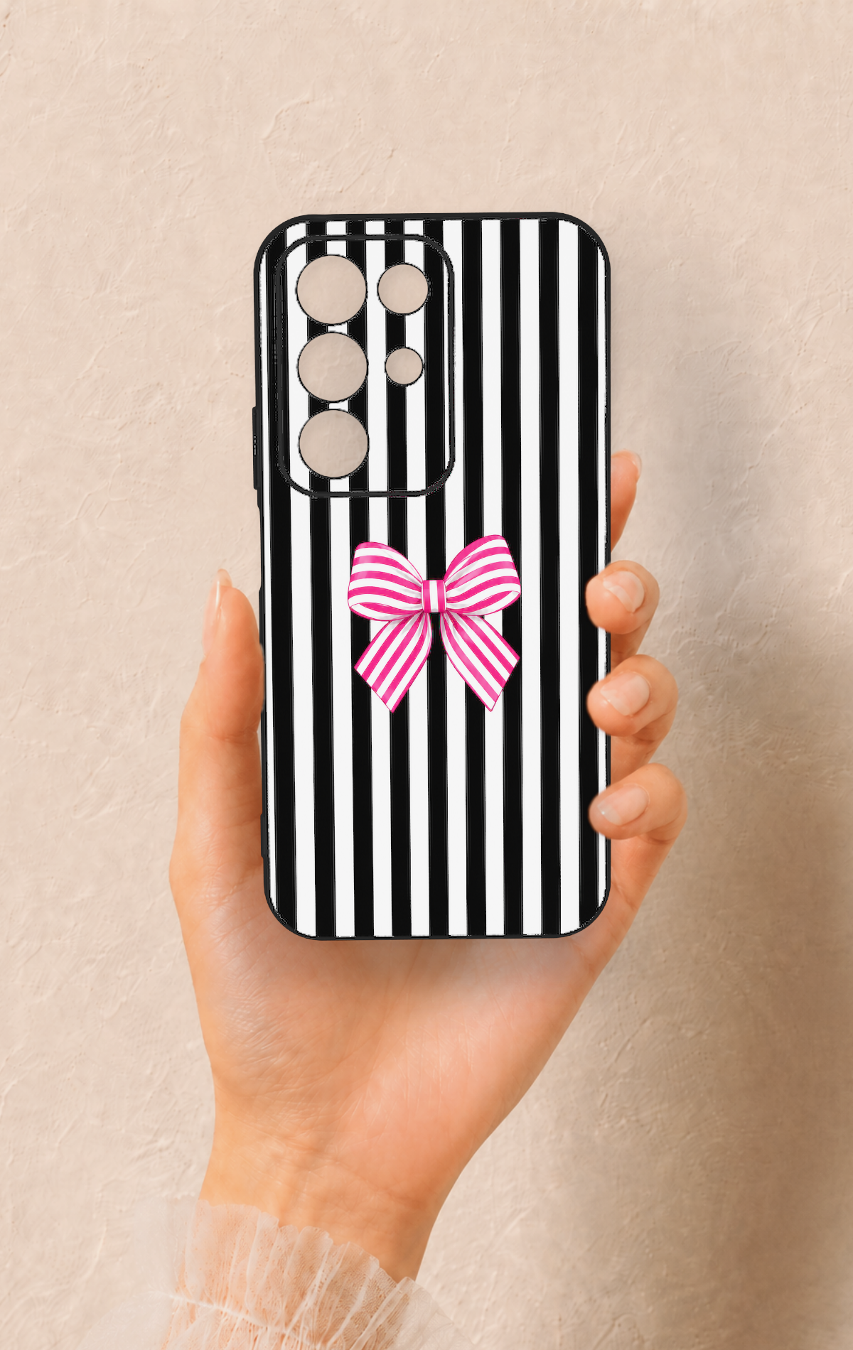 Realme C85 5G Uyumlu Pembe Beyaz Kurdele Desenli Silikon Kılıf