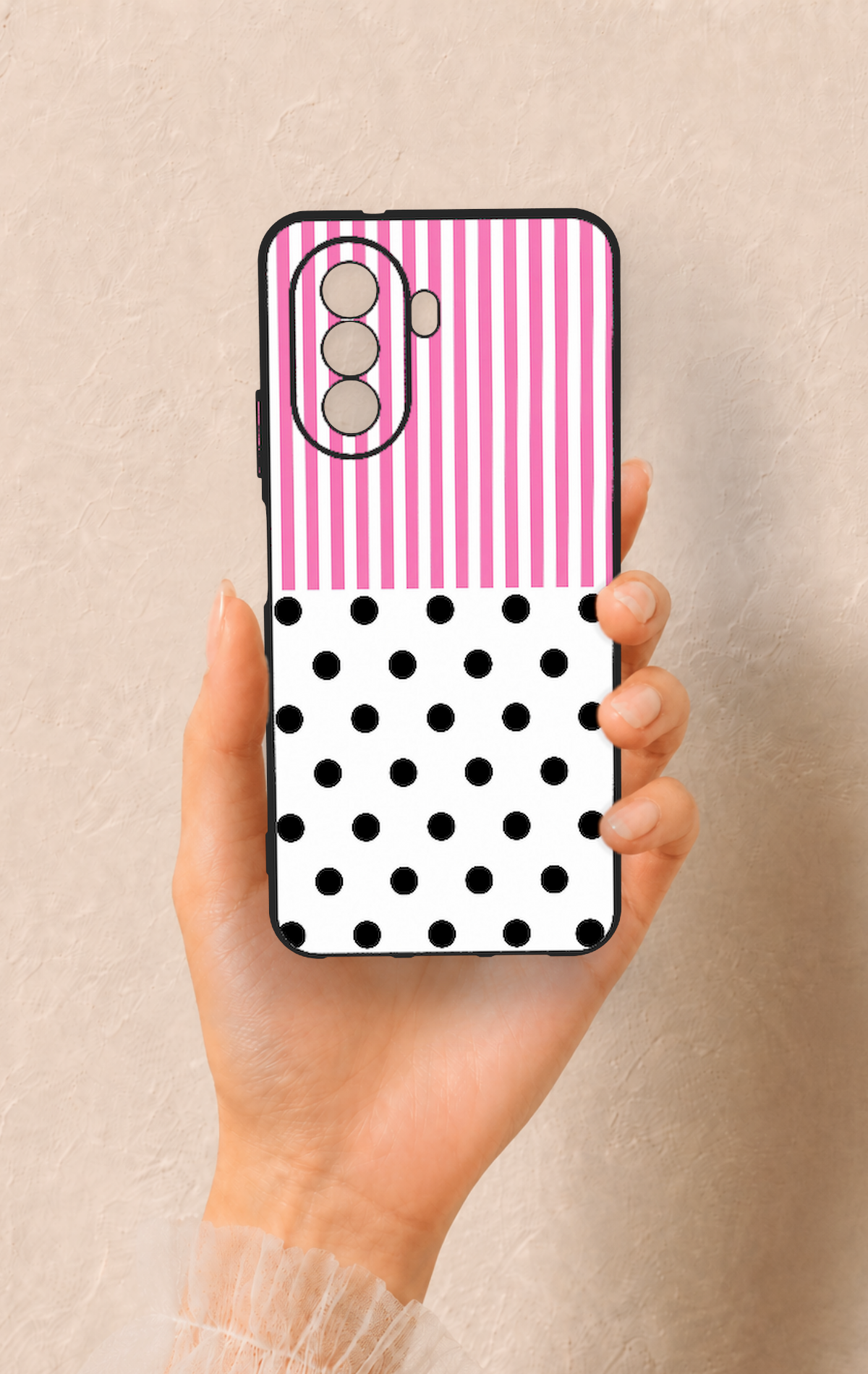Huawei Nova Y70 Uyumlu Pembe Çizgili Puantiye Desenli Silikon Kılıf