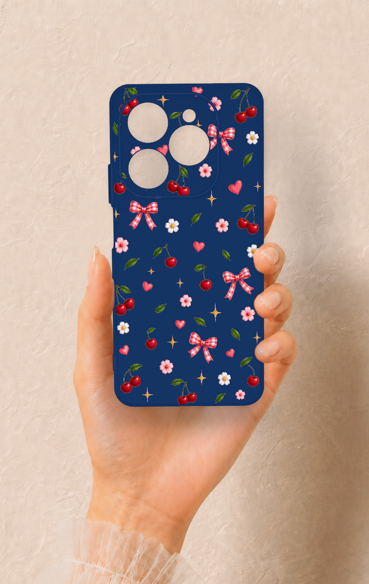 Tecno Spark 20 Pro Uyumlu Çiçek Kiraz Fiyonk Desenli Silikon Kılıf