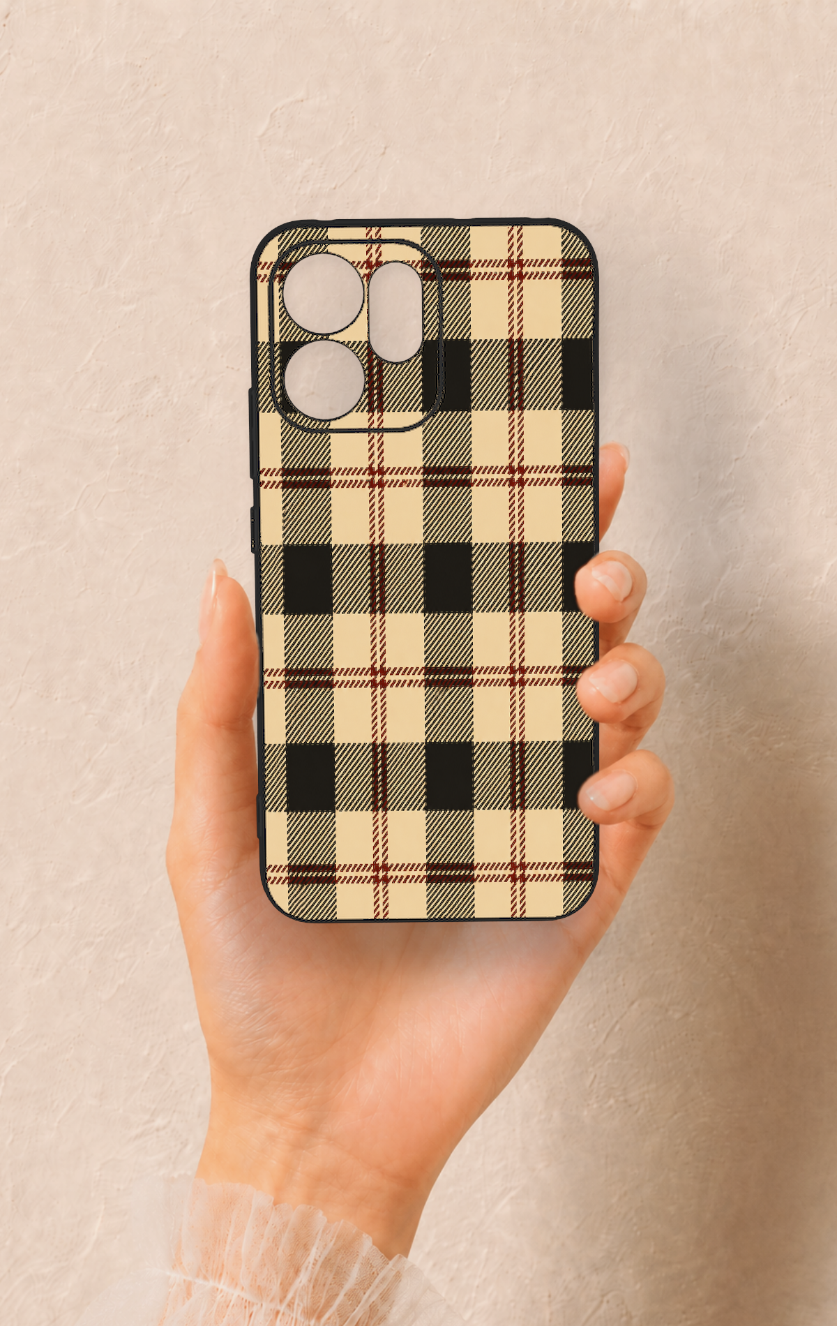 Oppo Reno 14F Uyumlu Krem Ekose Desenli Silikon Kılıf