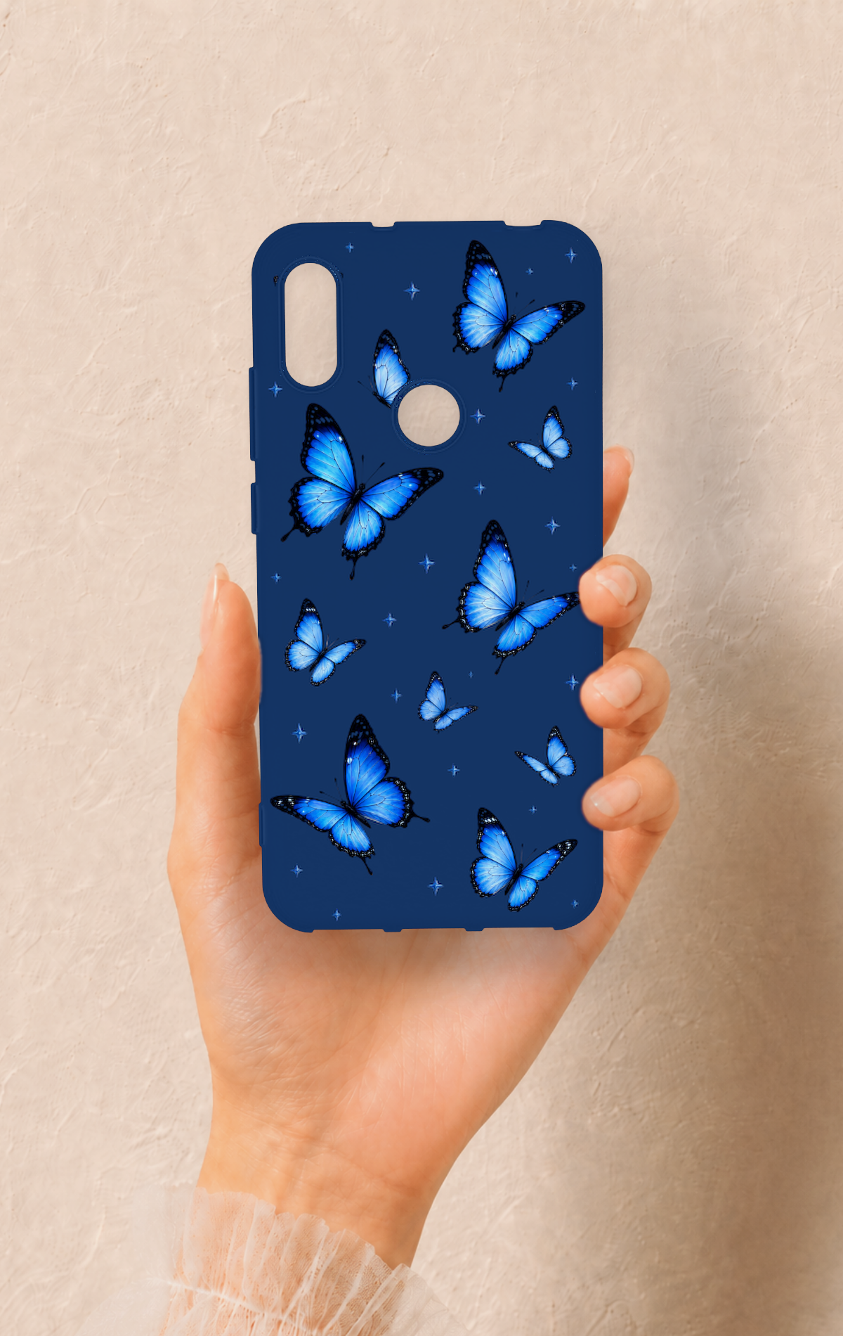 Huawei Y6 2019 Uyumlu Parlak Mavi Kelebek Desenli Silikon Kılıf