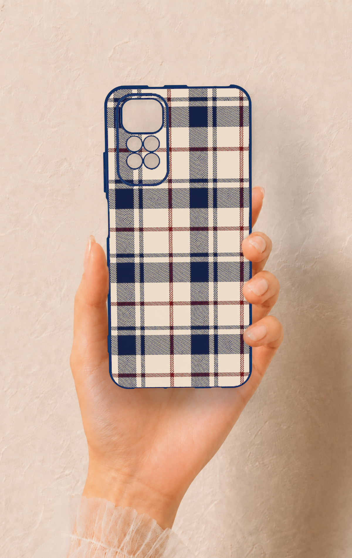 Redmi Note 11S Uyumlu Mavi Bordo Çizgili Ekose Desenli Silikon Kılıf
