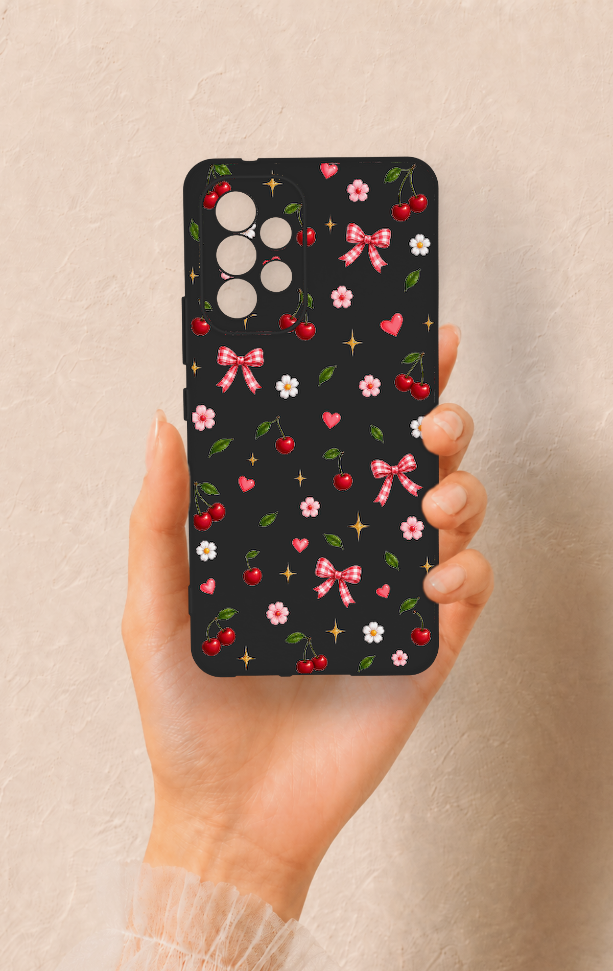 Samsung A53 Uyumlu Papatya Kiraz Fiyonk Desenli Silikon Kılıf