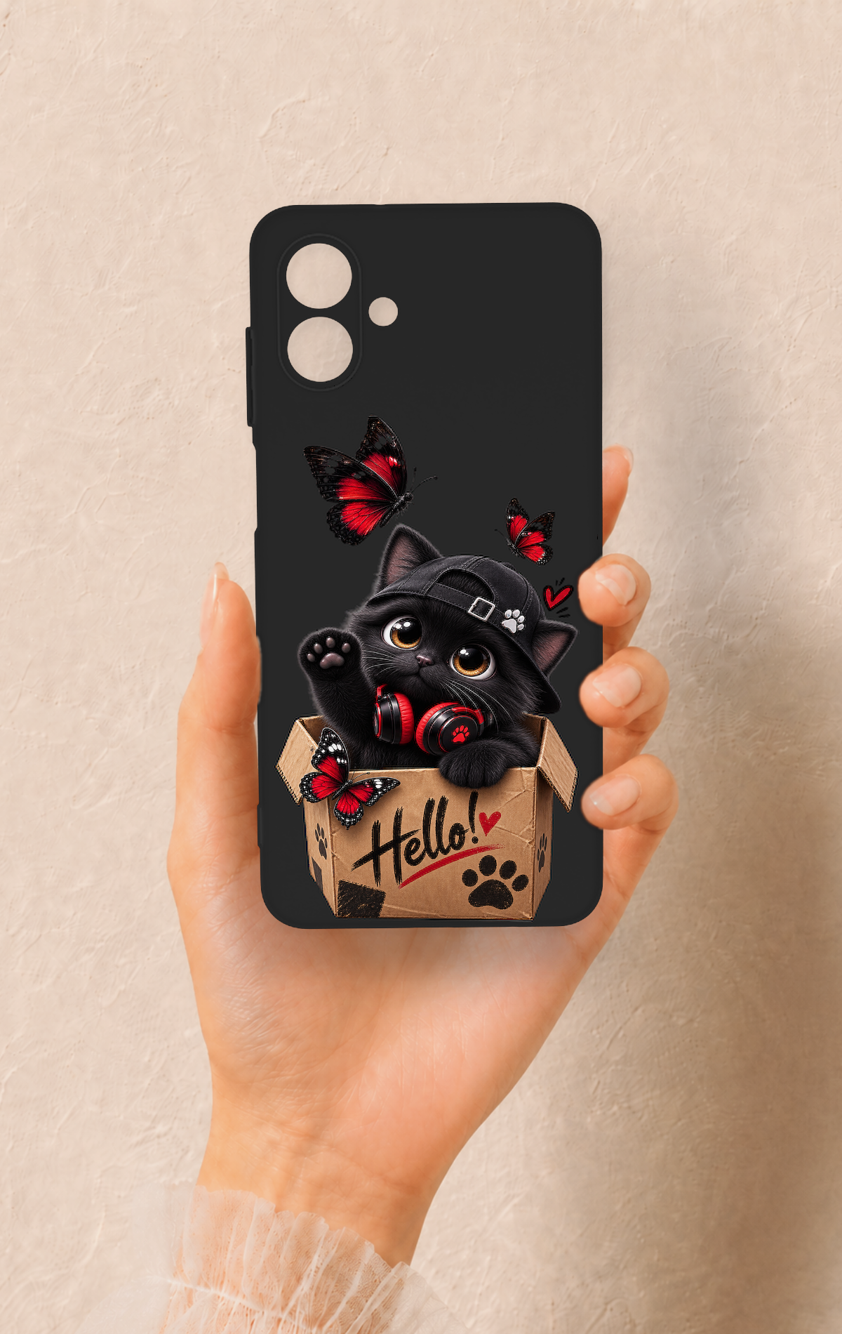 Samsung A07 Uyumlu Hello Cat Desenli Silikon Kılıf