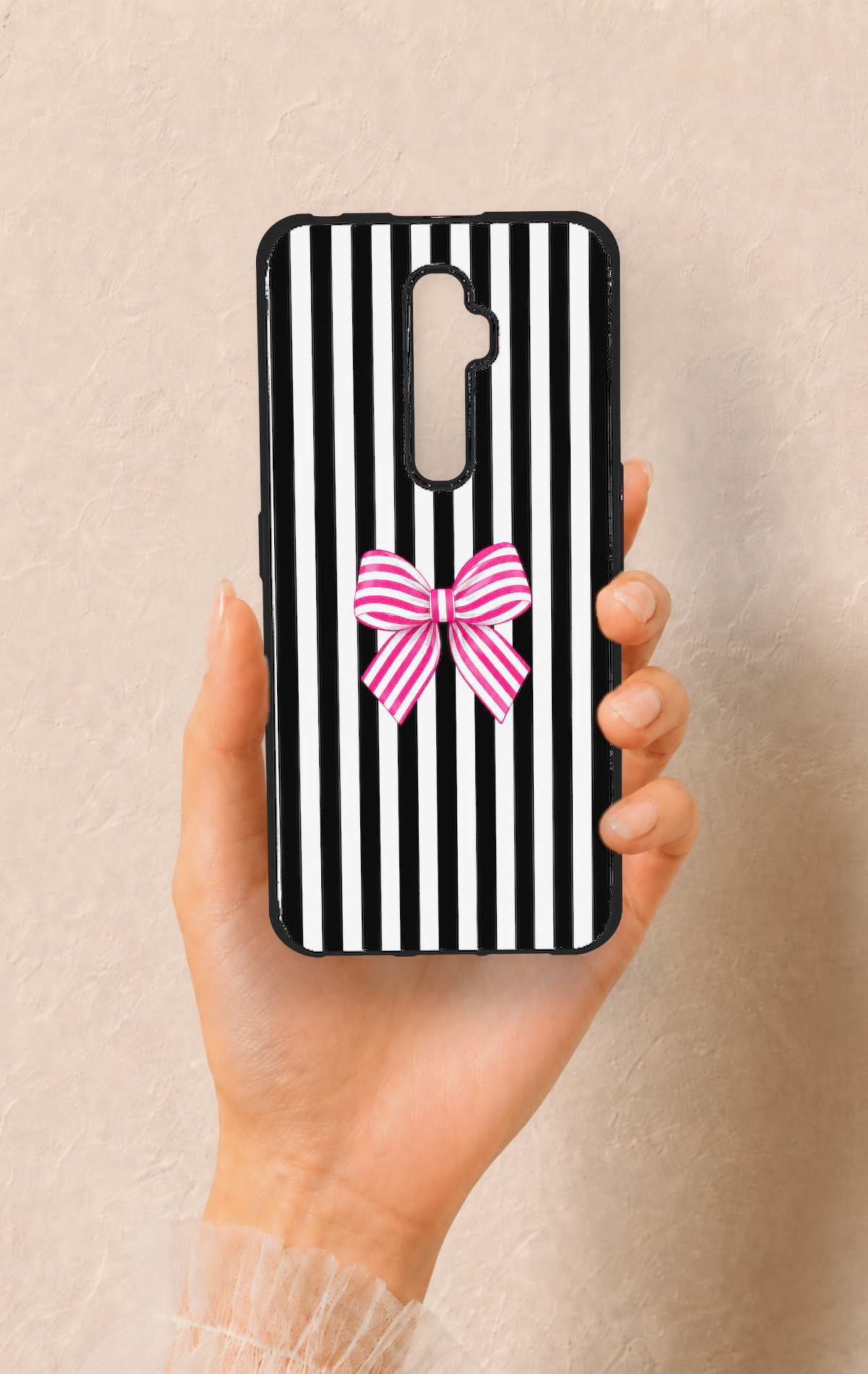 Oppo Reno 2Z Uyumlu Pembe Beyaz Kurdele Desenli Silikon Kılıf