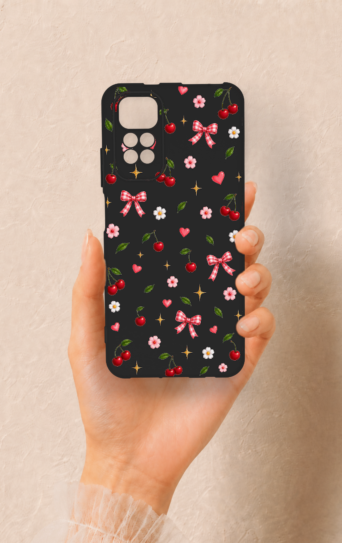 Redmi Note 11S Uyumlu Papatya Kiraz Fiyonk Desenli Silikon Kılıf