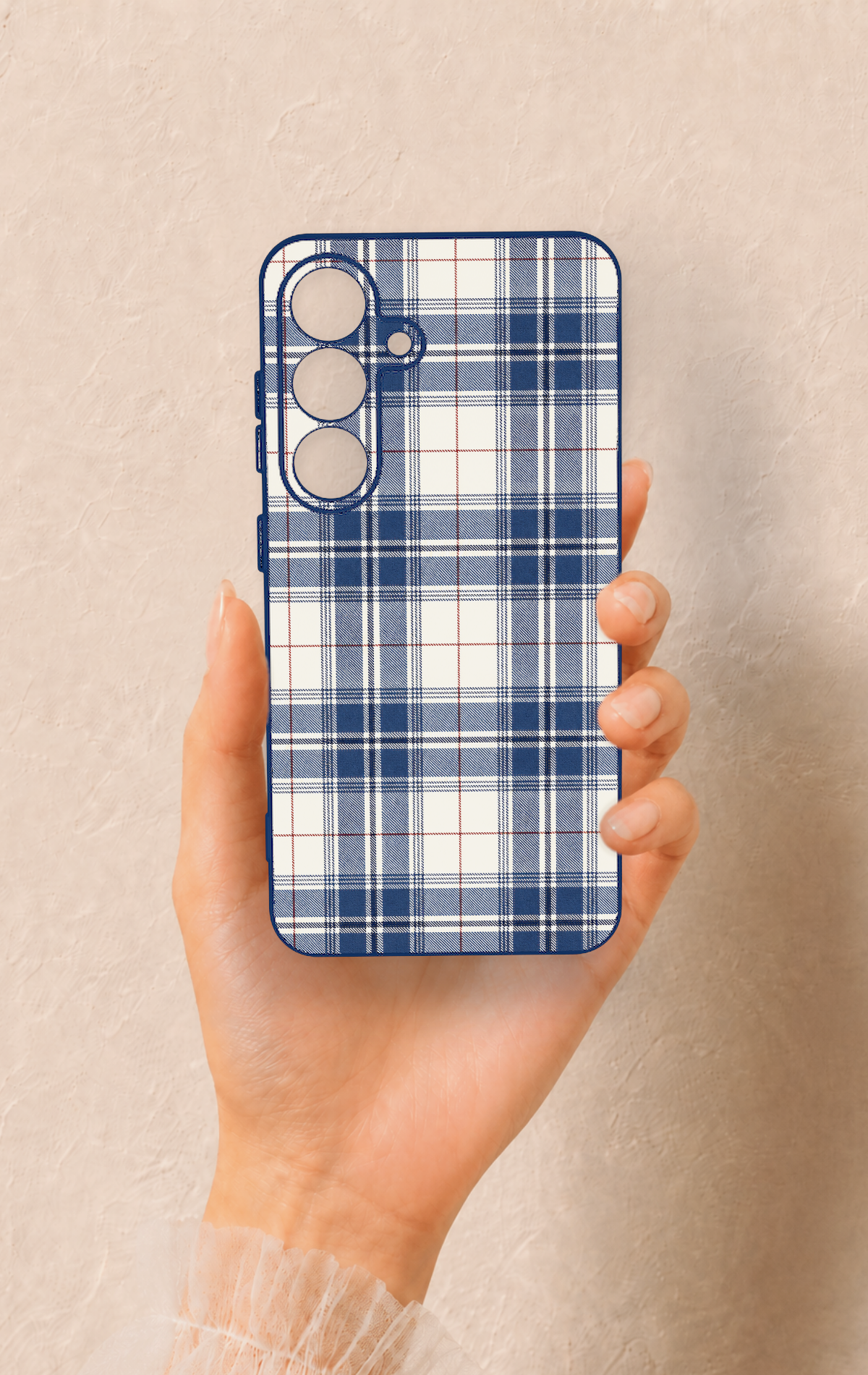 Samsung S25 Uyumlu Bej Lacivert Ekose Desenli Silikon Kılıf
