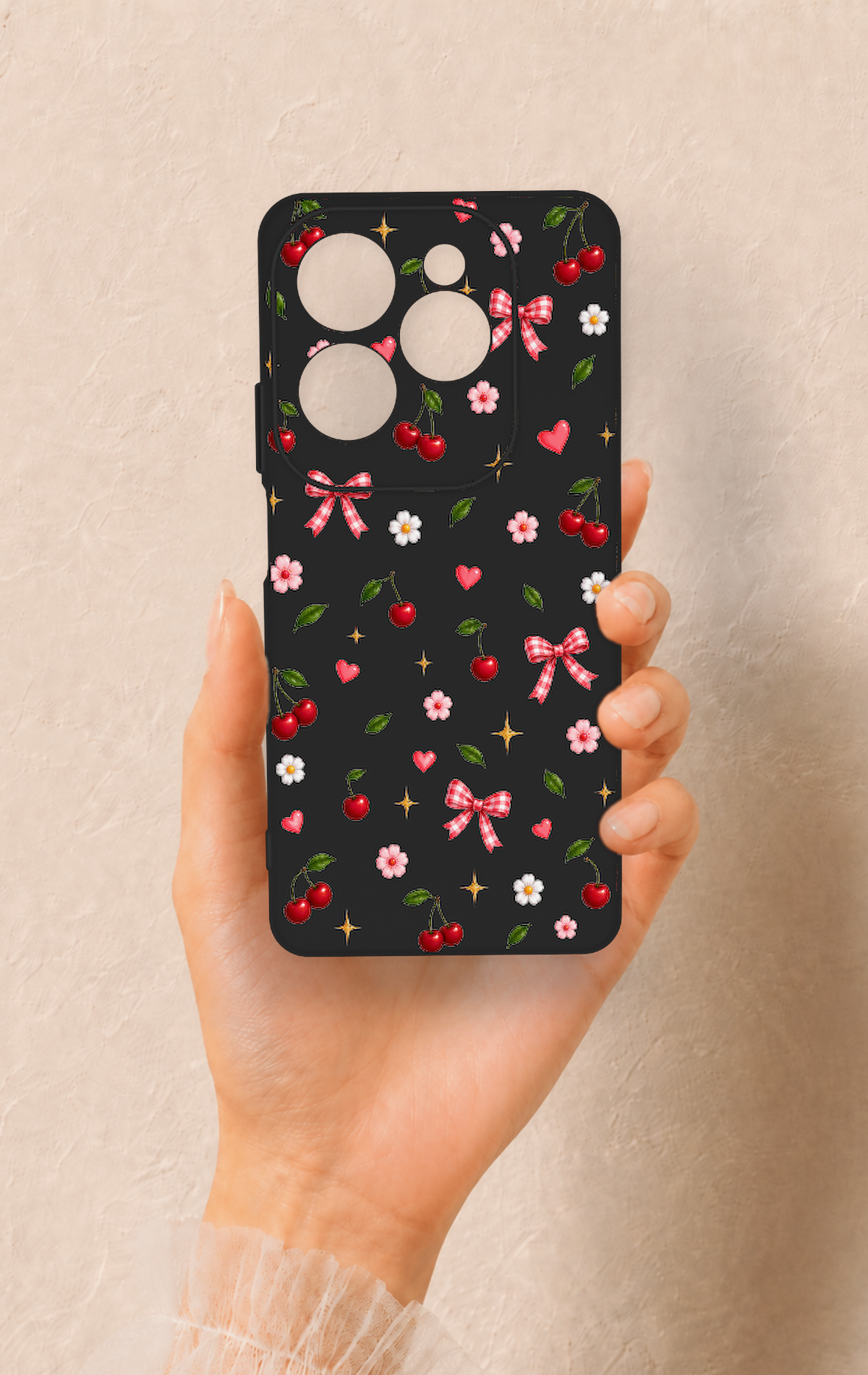 İnfinix Hot 40 Pro Uyumlu Papatya Kiraz Fiyonk Desenli Silikon Kılıf