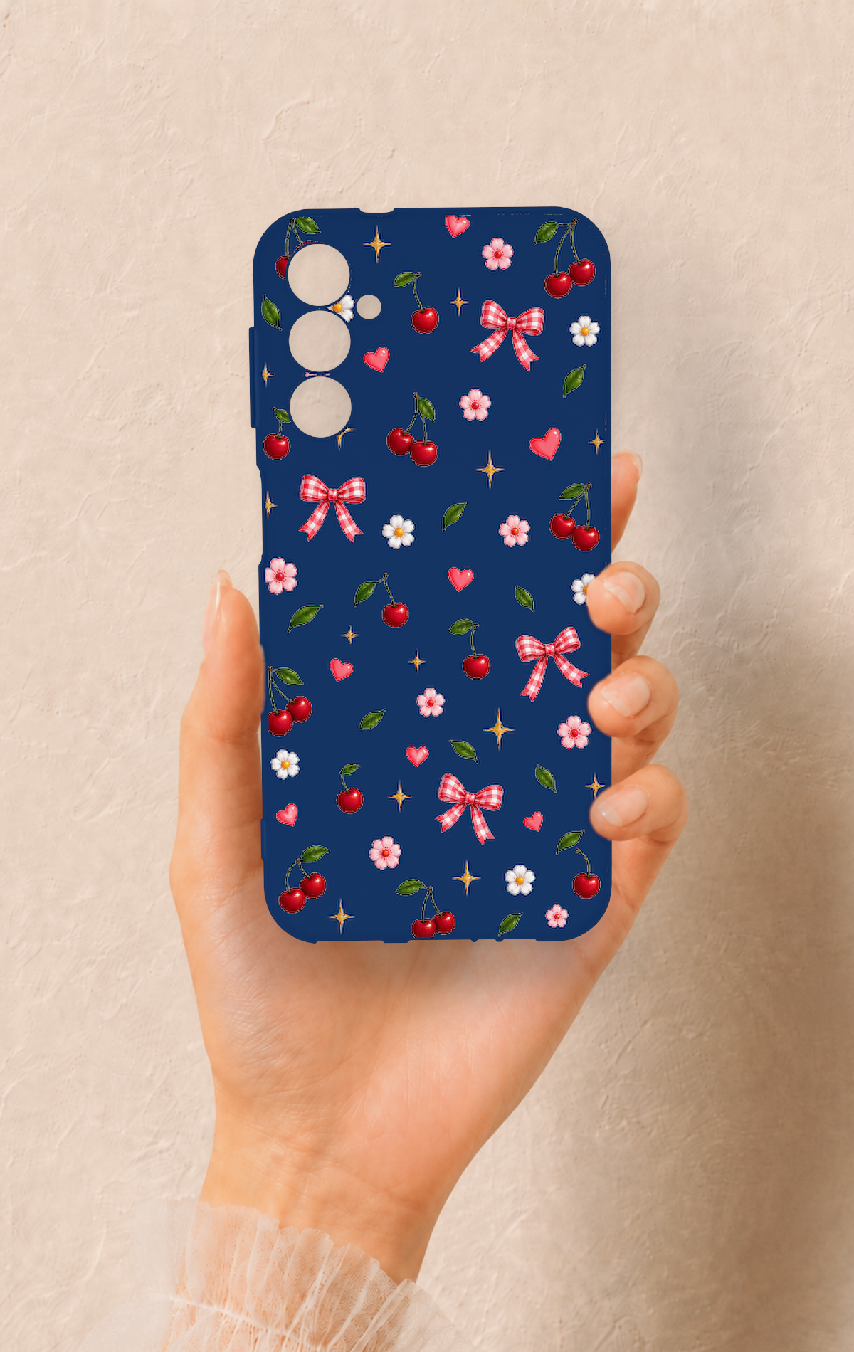 Samsung A14 Uyumlu Çiçek Kiraz Fiyonk Desenli Silikon Kılıf