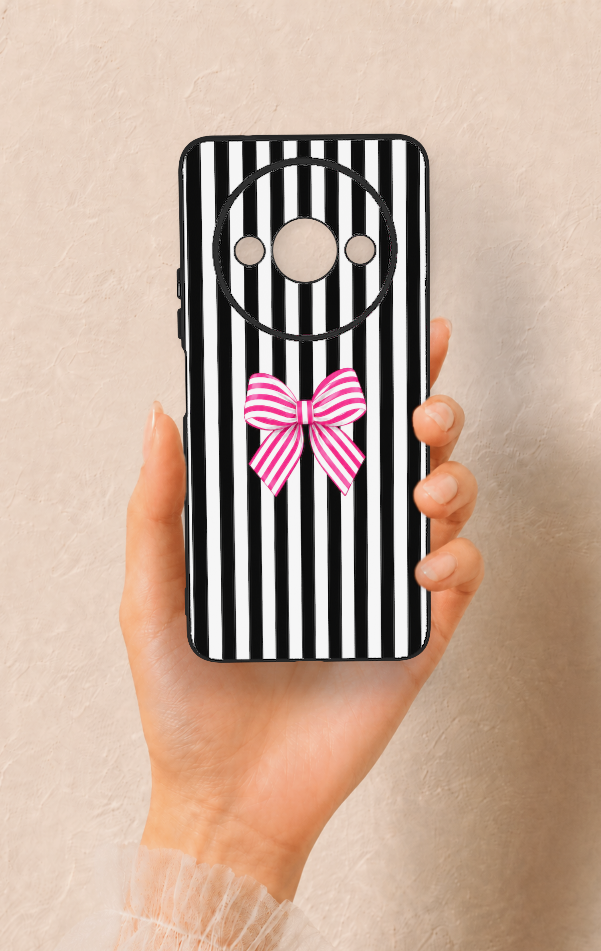 Redmi A3 Uyumlu Pembe Beyaz Kurdele Desenli Silikon Kılıf