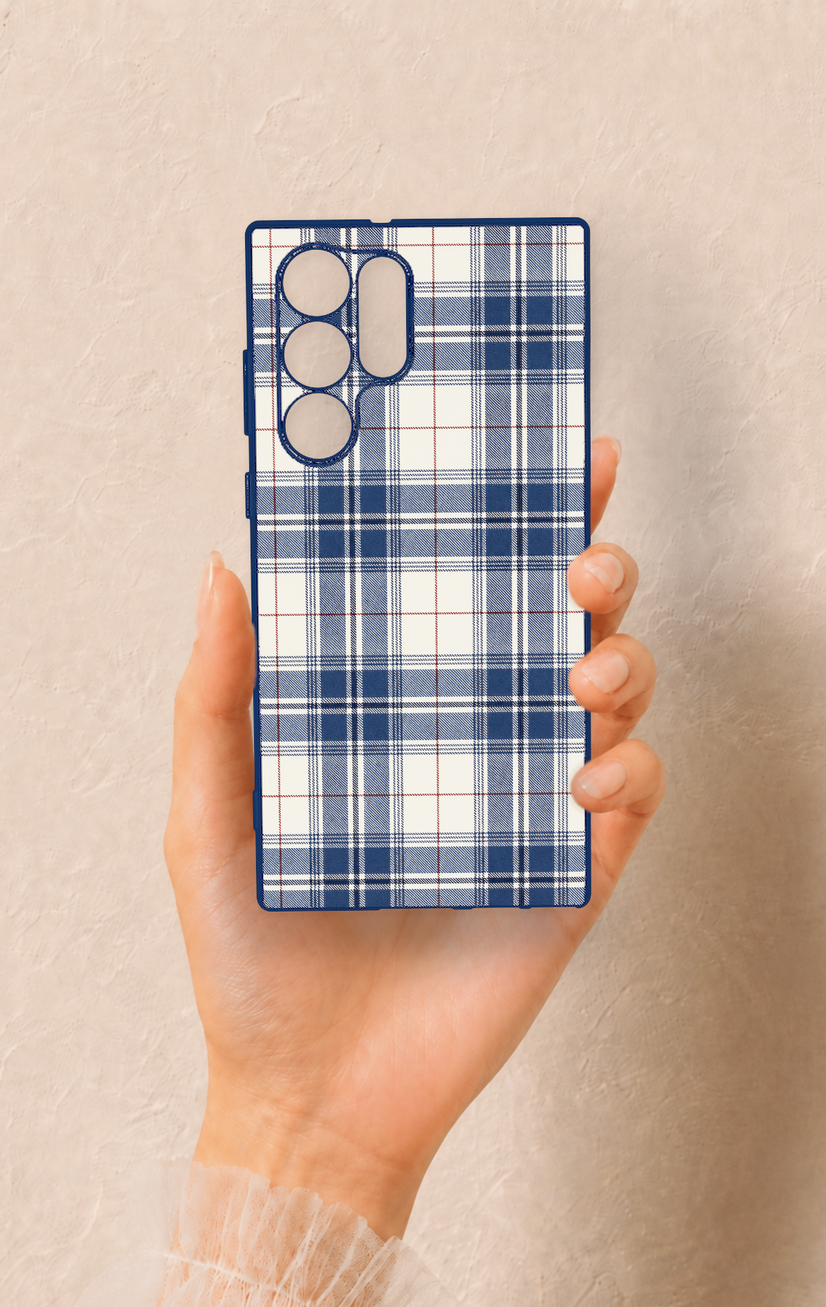 Samsung S22 Ultra Uyumlu Bej Lacivert Ekose Desenli Silikon Kılıf