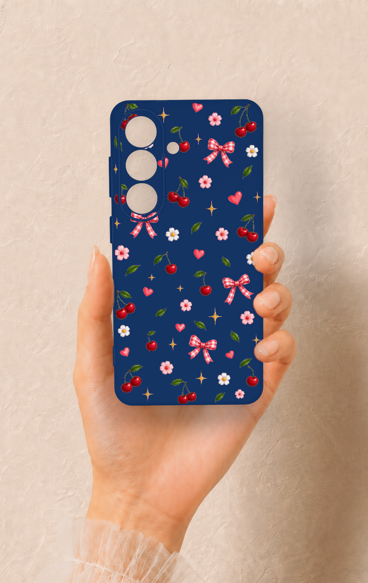 Samsung S26 Uyumlu Çiçek Kiraz Fiyonk Desenli Silikon Kılıf