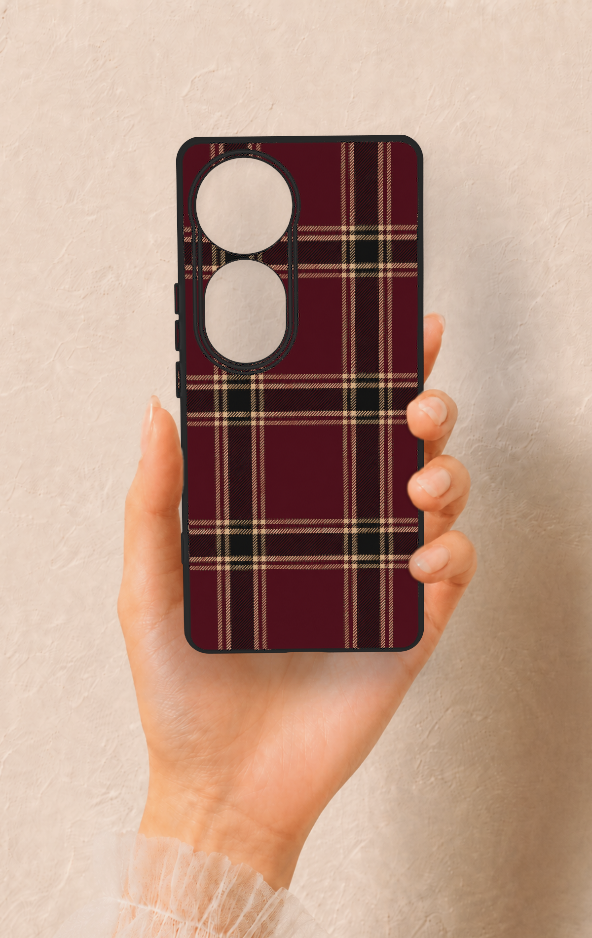 Vivo V40 Uyumlu Bordo Siyah Ekose Desenli Silikon Kılıf