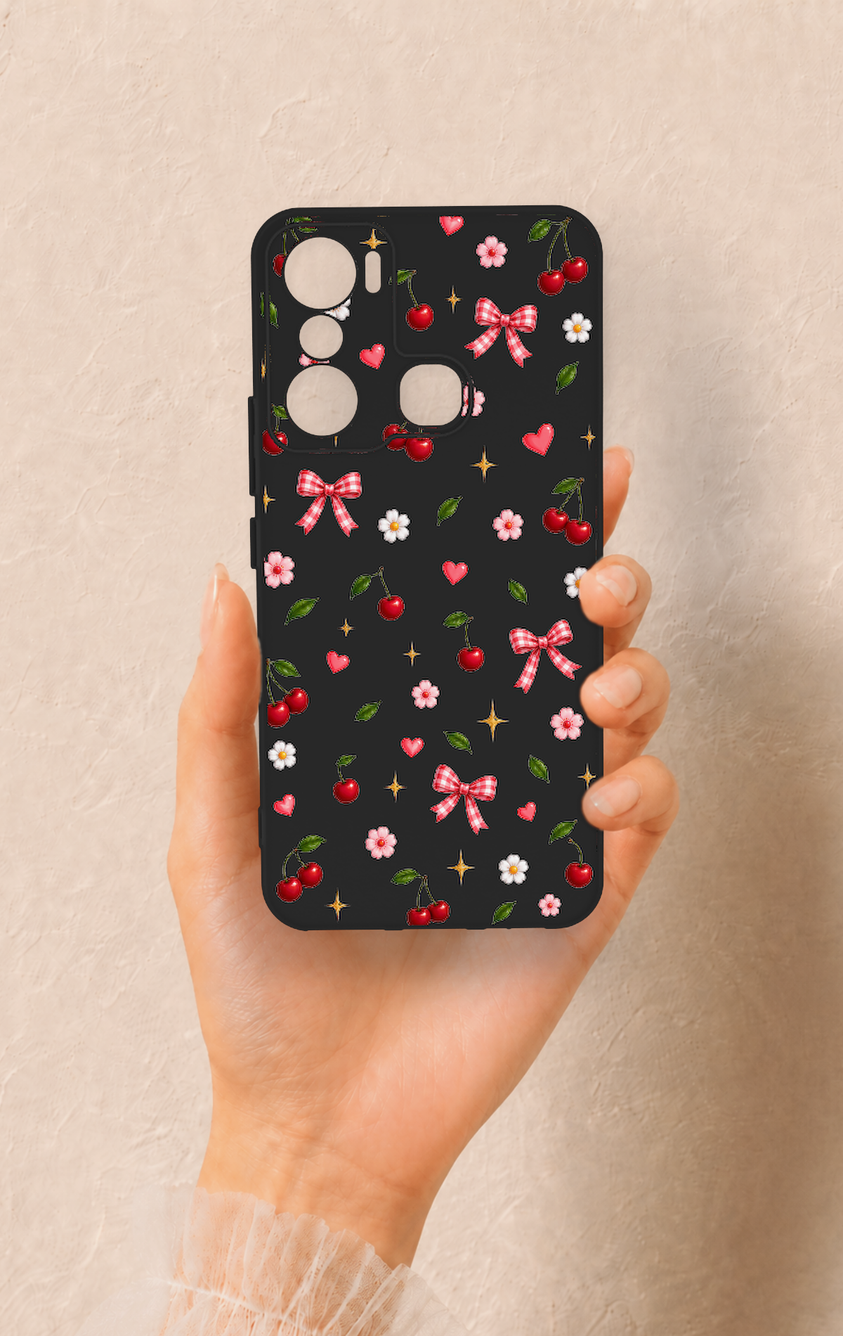 İnfinix Hot 20i Uyumlu Papatya Kiraz Fiyonk Desenli Silikon Kılıf