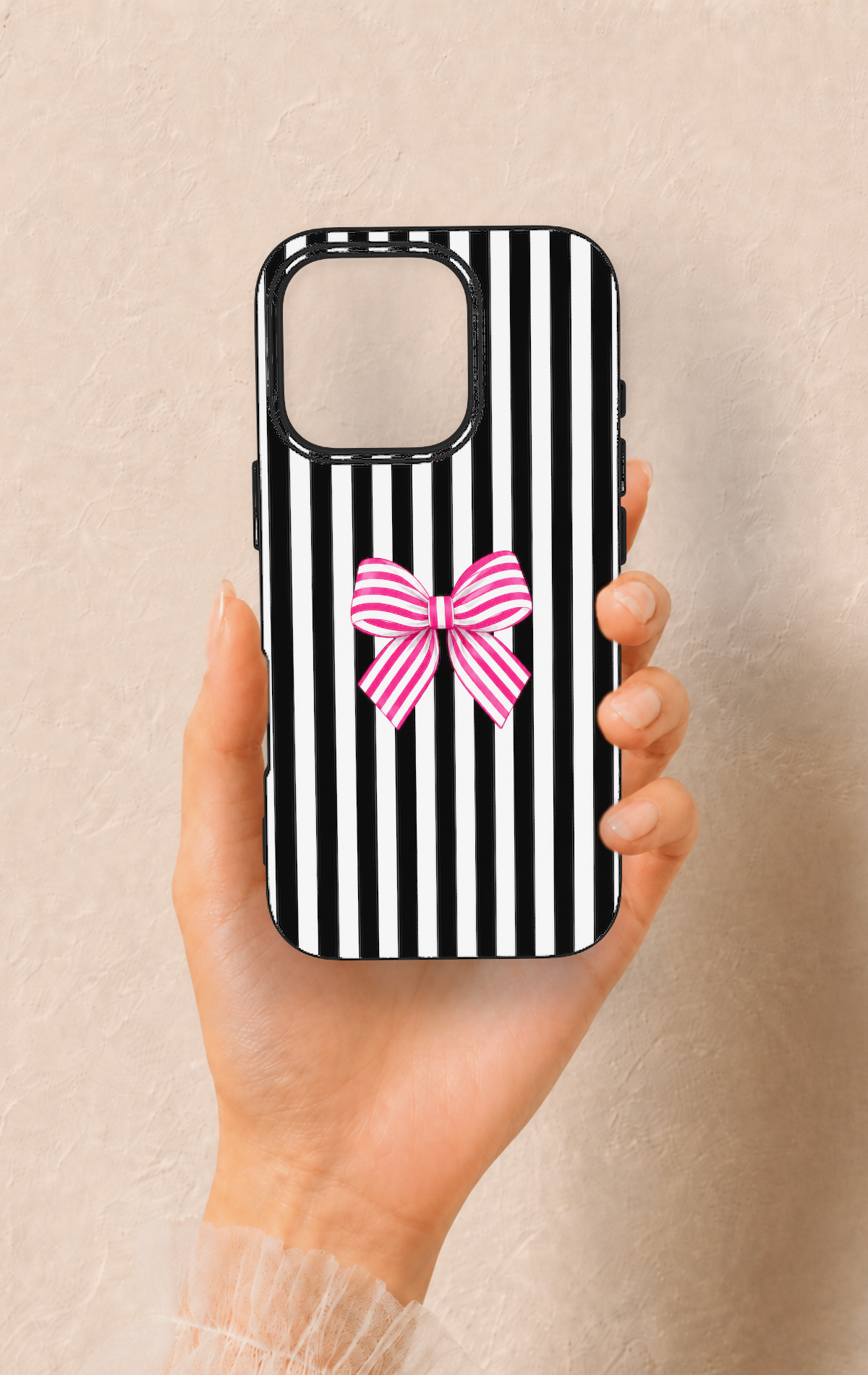 iPhone 16 Pro Uyumlu Pembe Beyaz Kurdele Desenli Silikon Kılıf