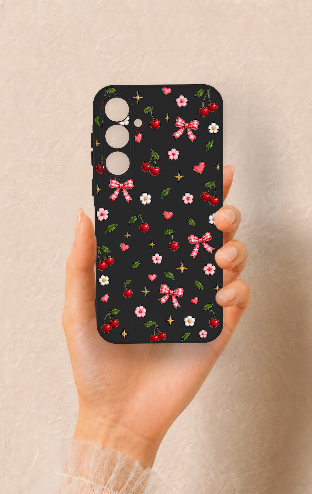 Samsung A35 Uyumlu Papatya Kiraz Fiyonk Desenli Silikon Kılıf