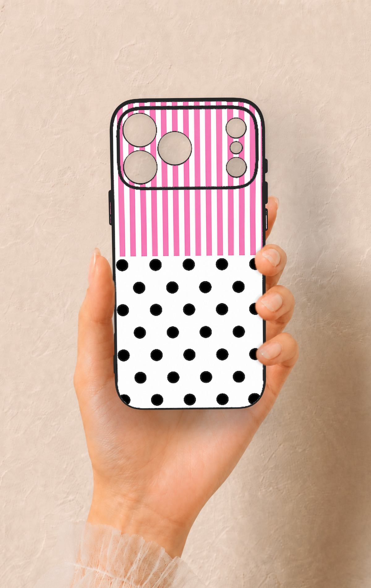 iPhone 17 Pro Max Uyumlu Pembe Çizgili Puantiye Desenli Silikon Kılıf