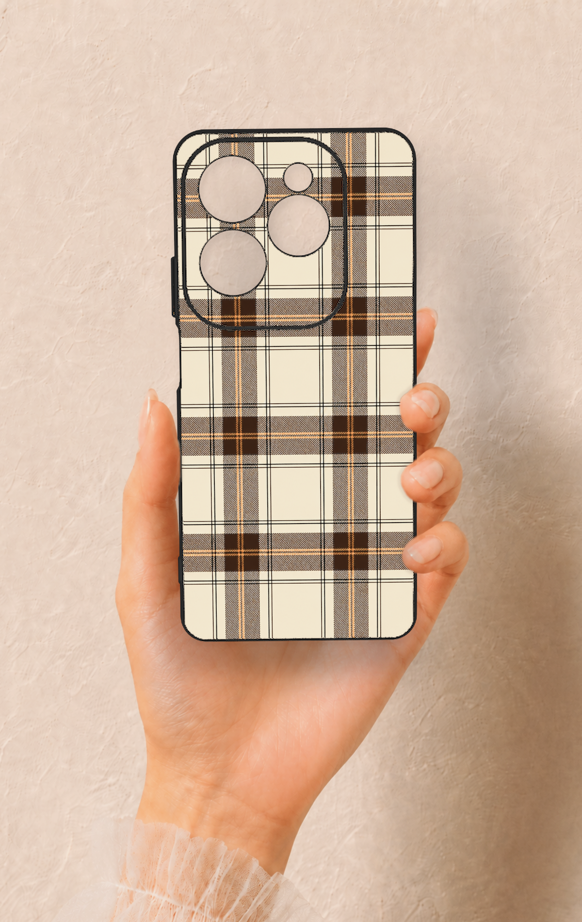 İnfinix Hot 40 Pro Uyumlu Bej Kahverengi Ekose Desenli Silikon Kılıf