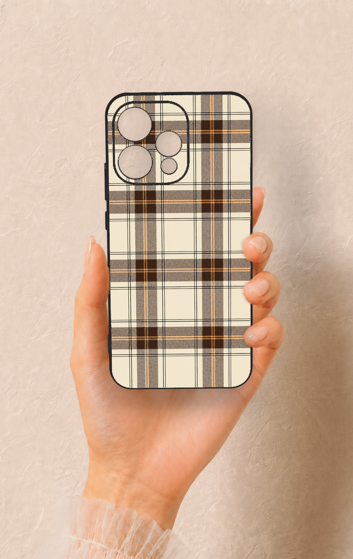 Oppo Reno 15 5G Uyumlu Bej Kahverengi Ekose Desenli Silikon Kılıf