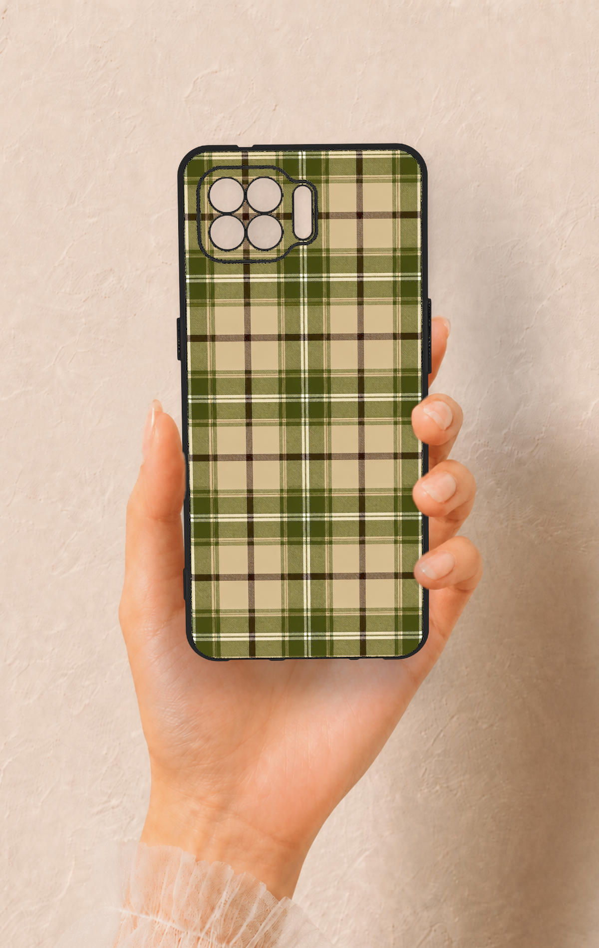 Oppo Reno 4 Lite Uyumlu Zeytin Yeşili Ekose Desenli Silikon Kılıf