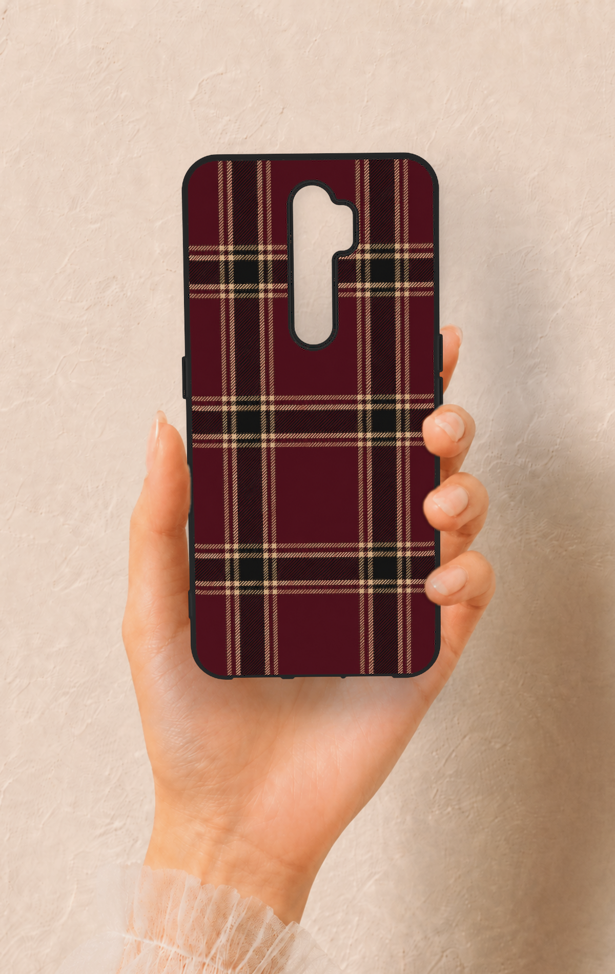 Oppo A5 2020 Uyumlu Bordo Siyah Ekose Desenli Silikon Kılıf