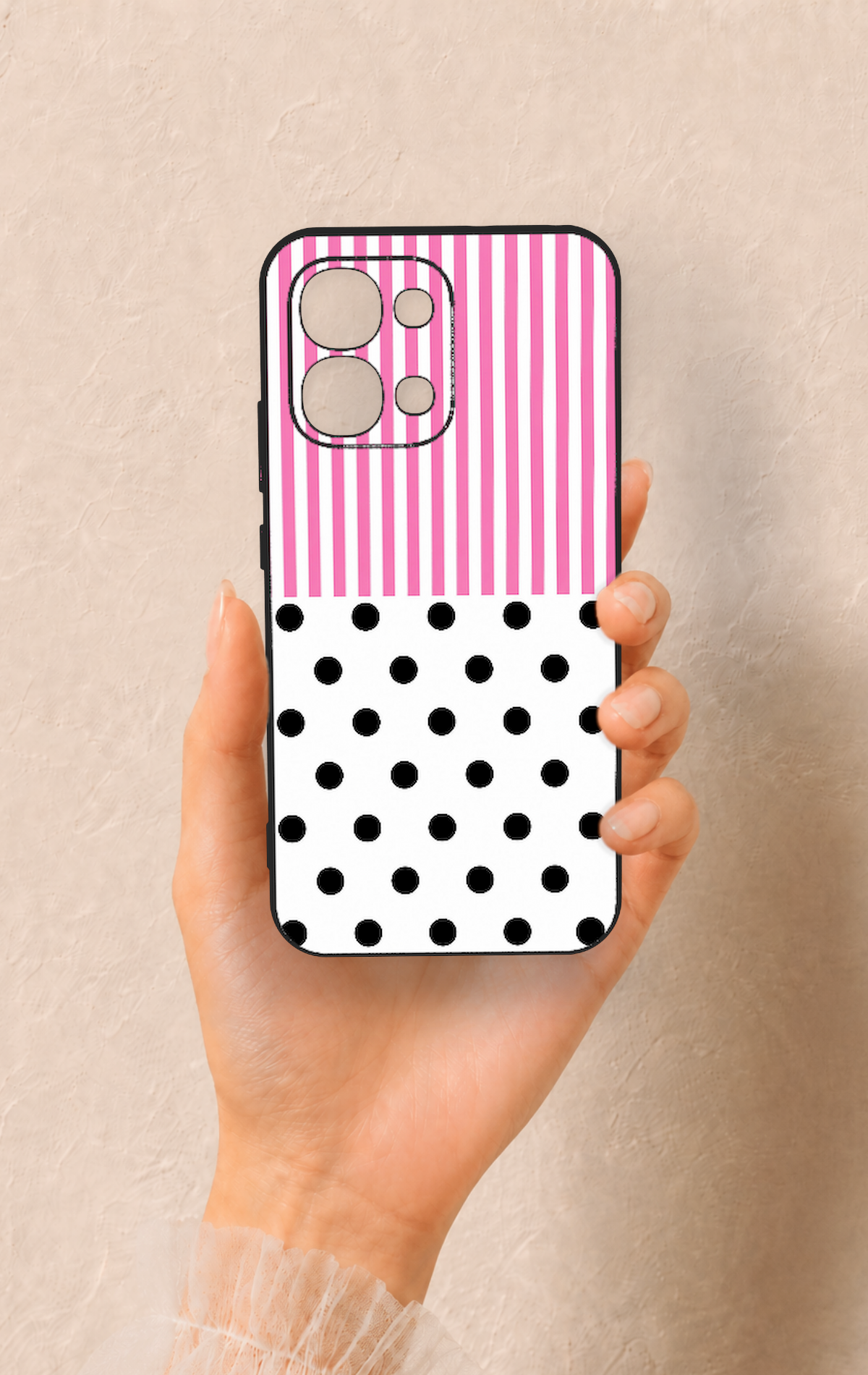 Oppo A6 Pro Uyumlu Pembe Çizgili Puantiye Desenli Silikon Kılıf