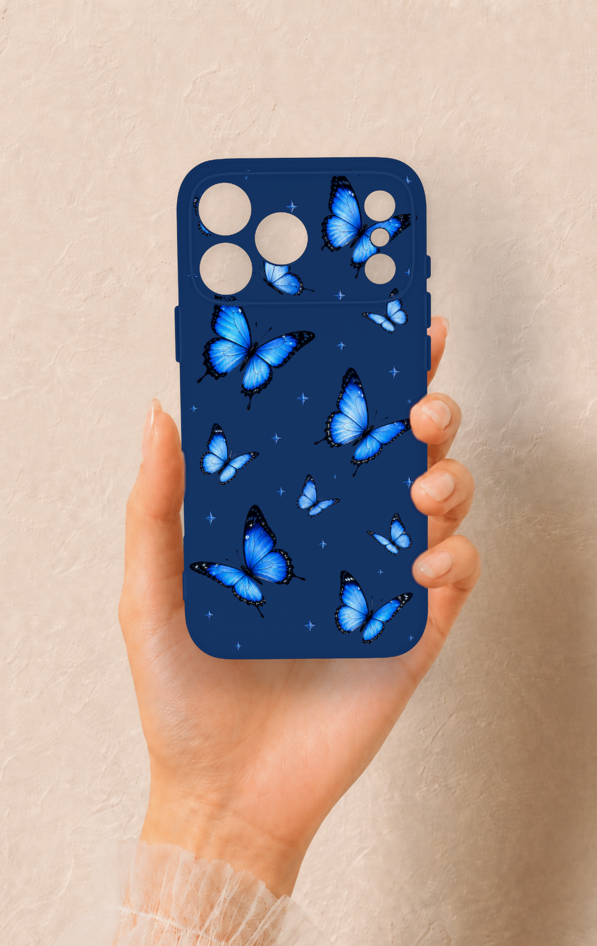 iPhone 17 Pro Max Uyumlu Parlak Mavi Kelebek Desenli Silikon Kılıf