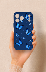 iPhone 17 Pro Max Uyumlu Parlak Mavi Kelebek Desenli Silikon Kılıf