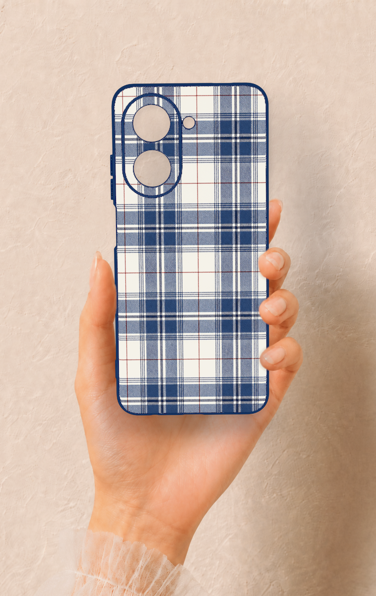 Redmi A5 Uyumlu Bej Lacivert Ekose Desenli Silikon Kılıf