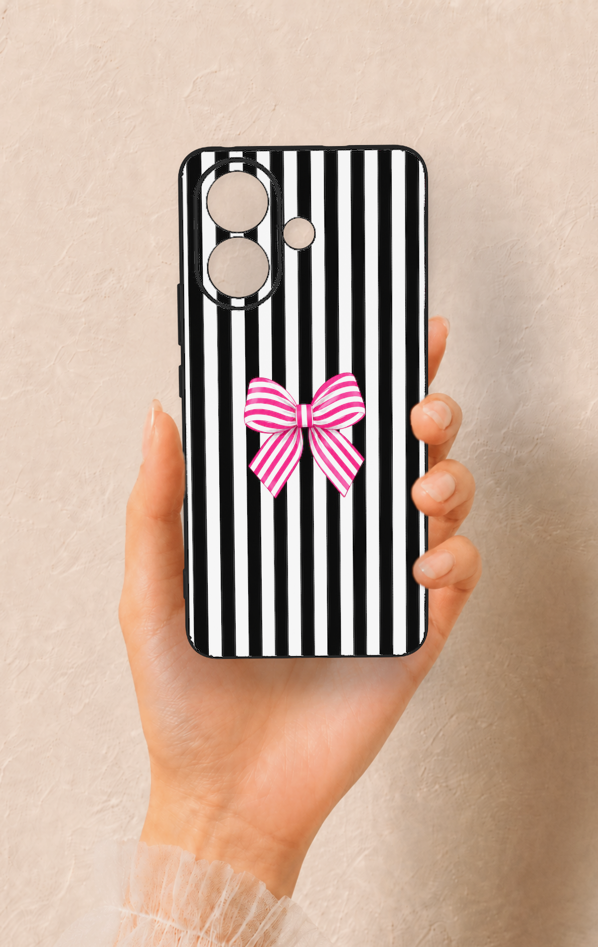 Vivo V60 Lite Uyumlu Pembe Beyaz Kurdele Desenli Silikon Kılıf