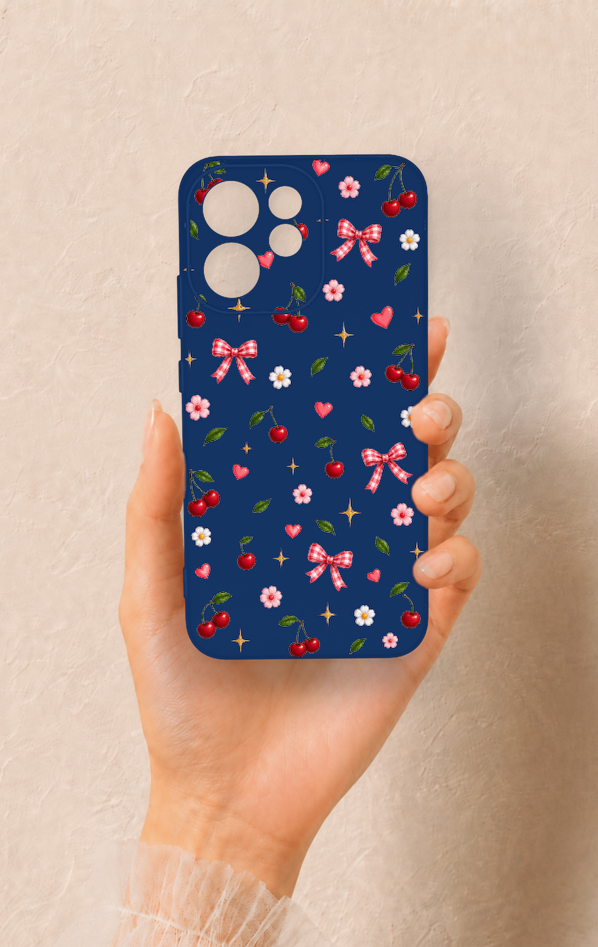 Oppo Reno 15F Uyumlu Çiçek Kiraz Fiyonk Desenli Silikon Kılıf
