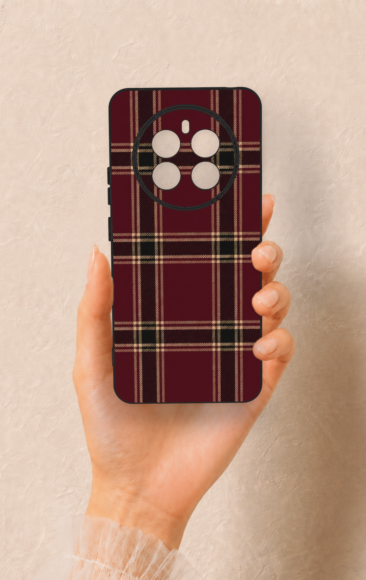 Realme 12 4G Uyumlu Bordo Siyah Ekose Desenli Silikon Kılıf