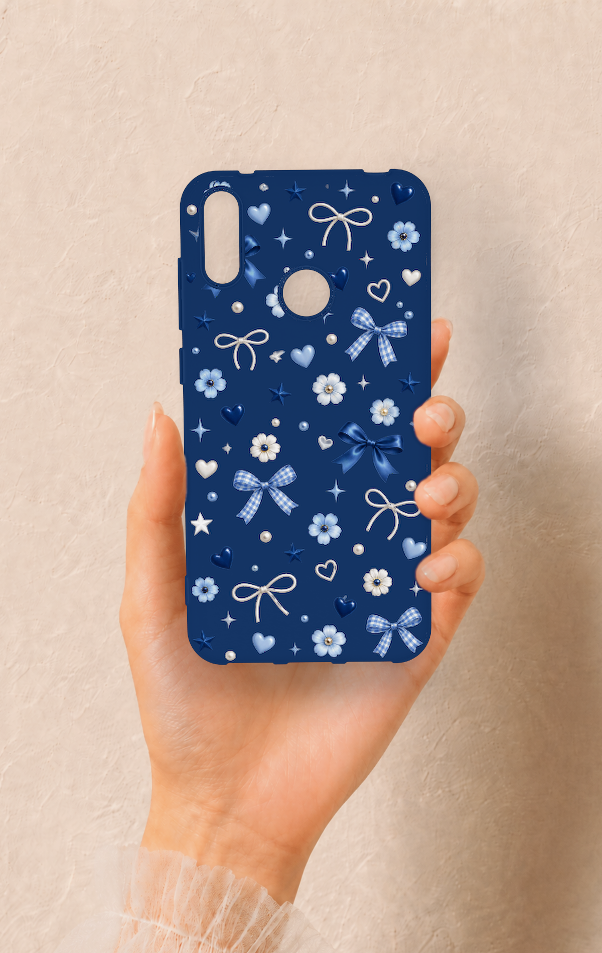 Huawei Y7 2019 Uyumlu Mavi Papatya Fiyonk Desenli Silikon Kılıf