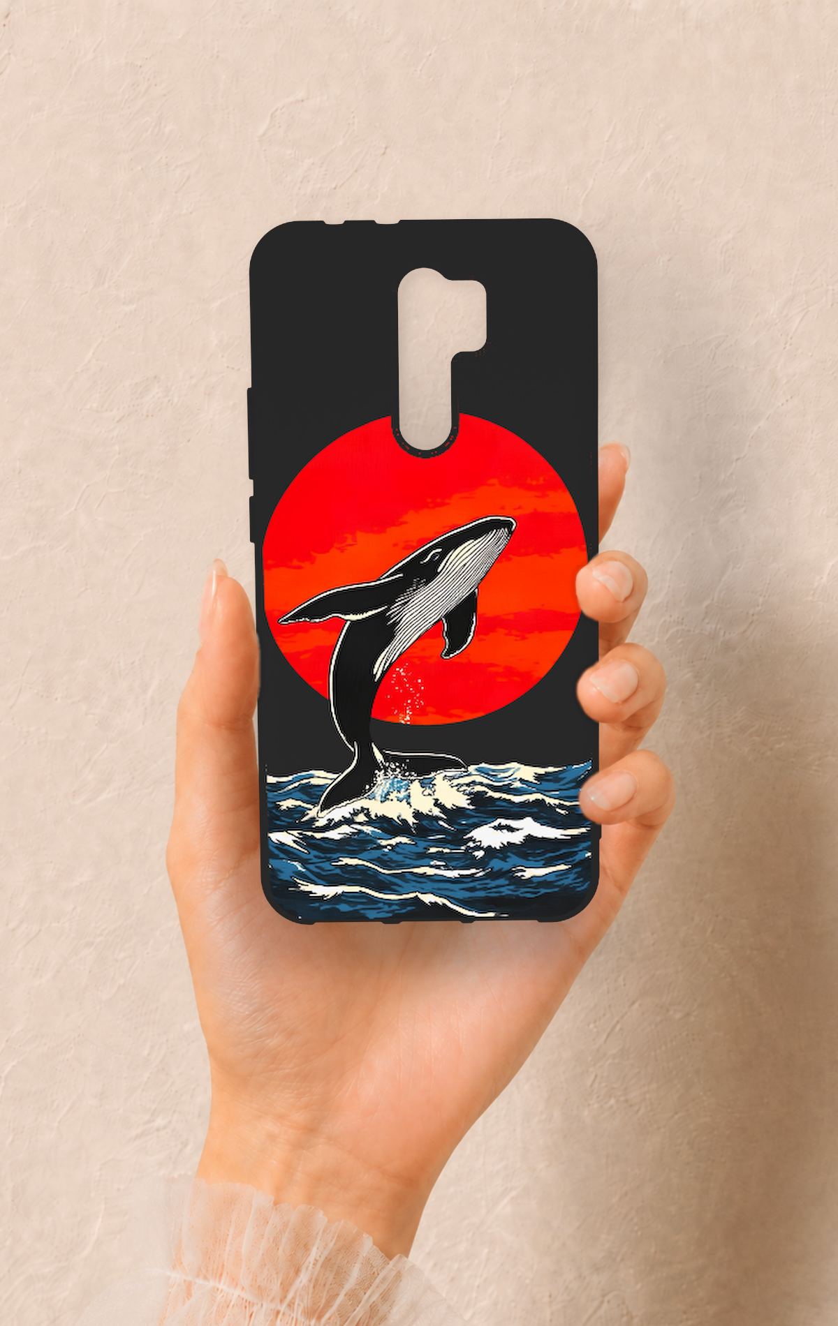 Redmi 9 Uyumlu Kırmızı Güneş Balina Desenli Silikon Kılıf