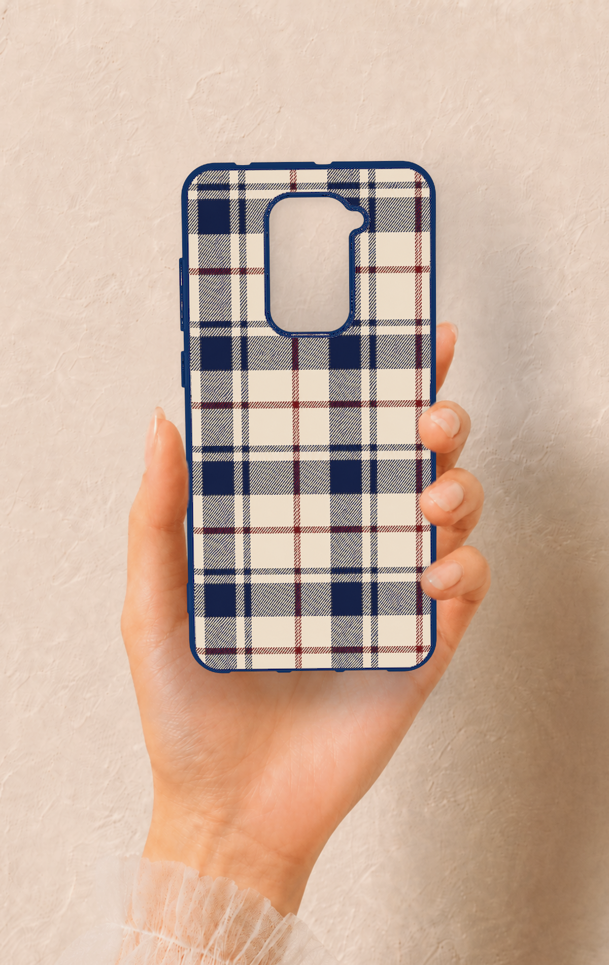 Redmi Note 9 Uyumlu Mavi Bordo Çizgili Ekose Desenli Silikon Kılıf
