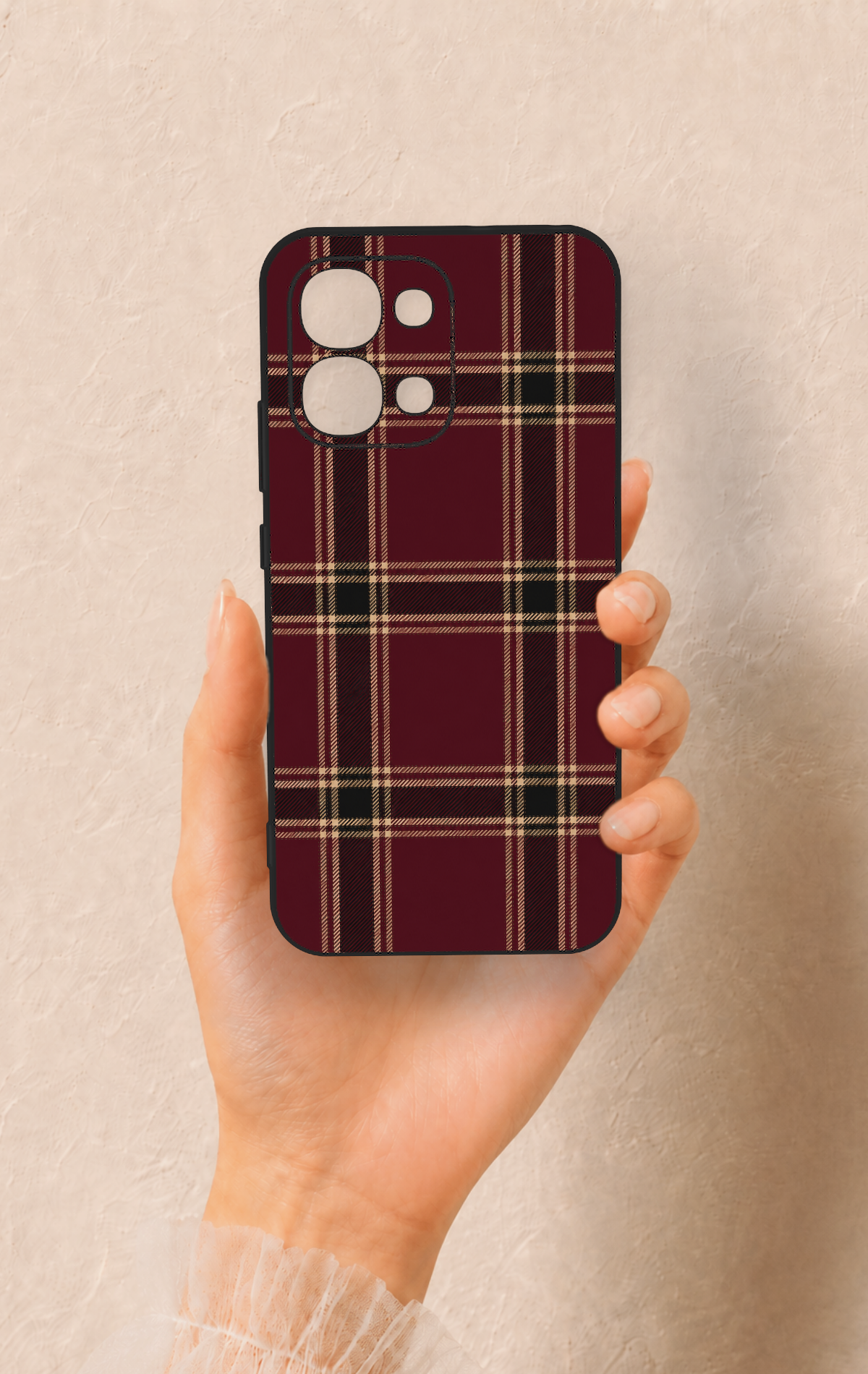 Oppo A6 Pro Uyumlu Bordo Siyah Ekose Desenli Silikon Kılıf