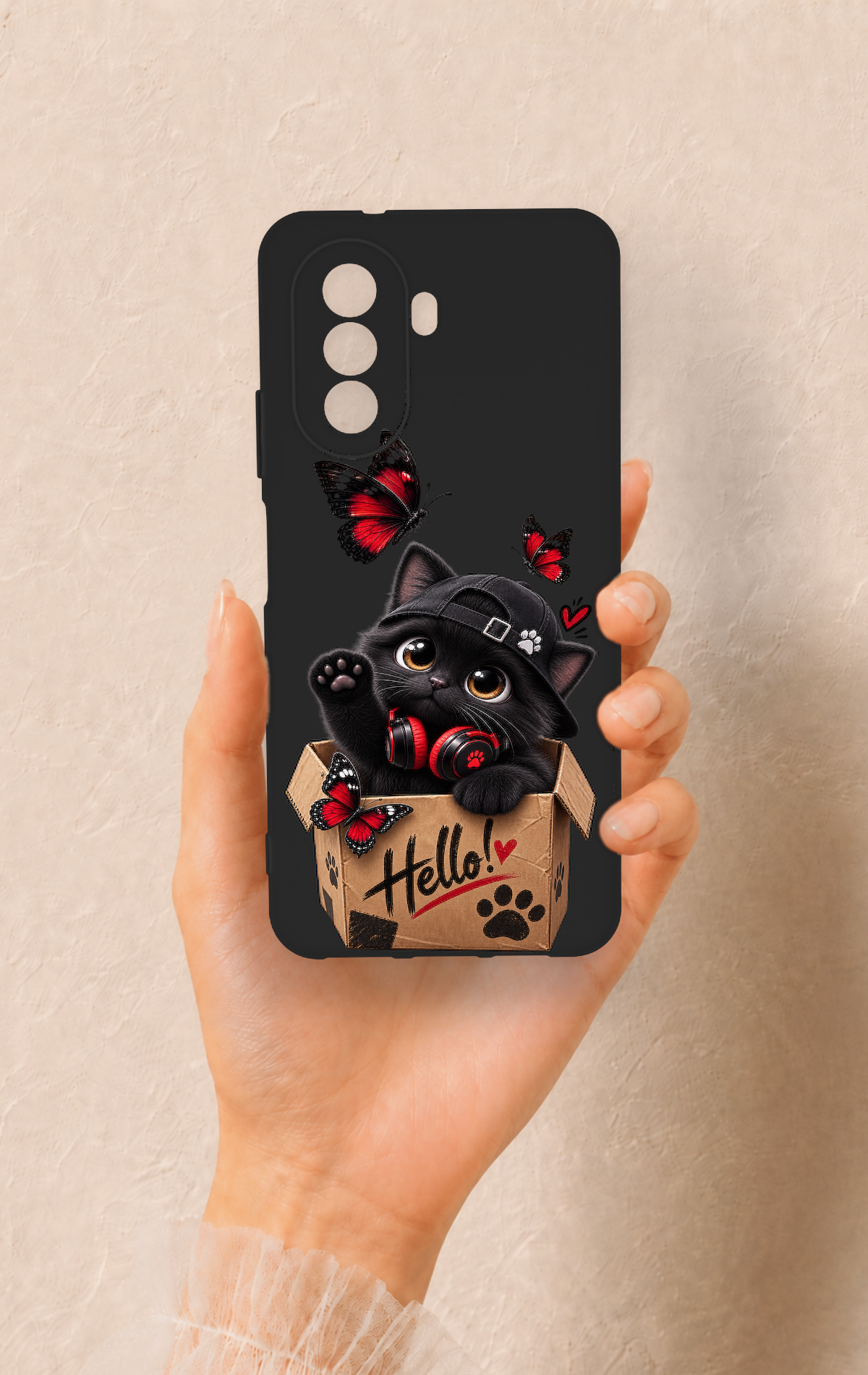 Huawei Nova Y70 Uyumlu Hello Cat Desenli Silikon Kılıf