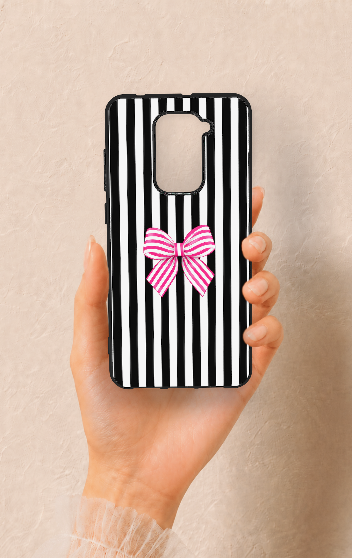 Redmi Note 9 Uyumlu Pembe Beyaz Kurdele Desenli Silikon Kılıf