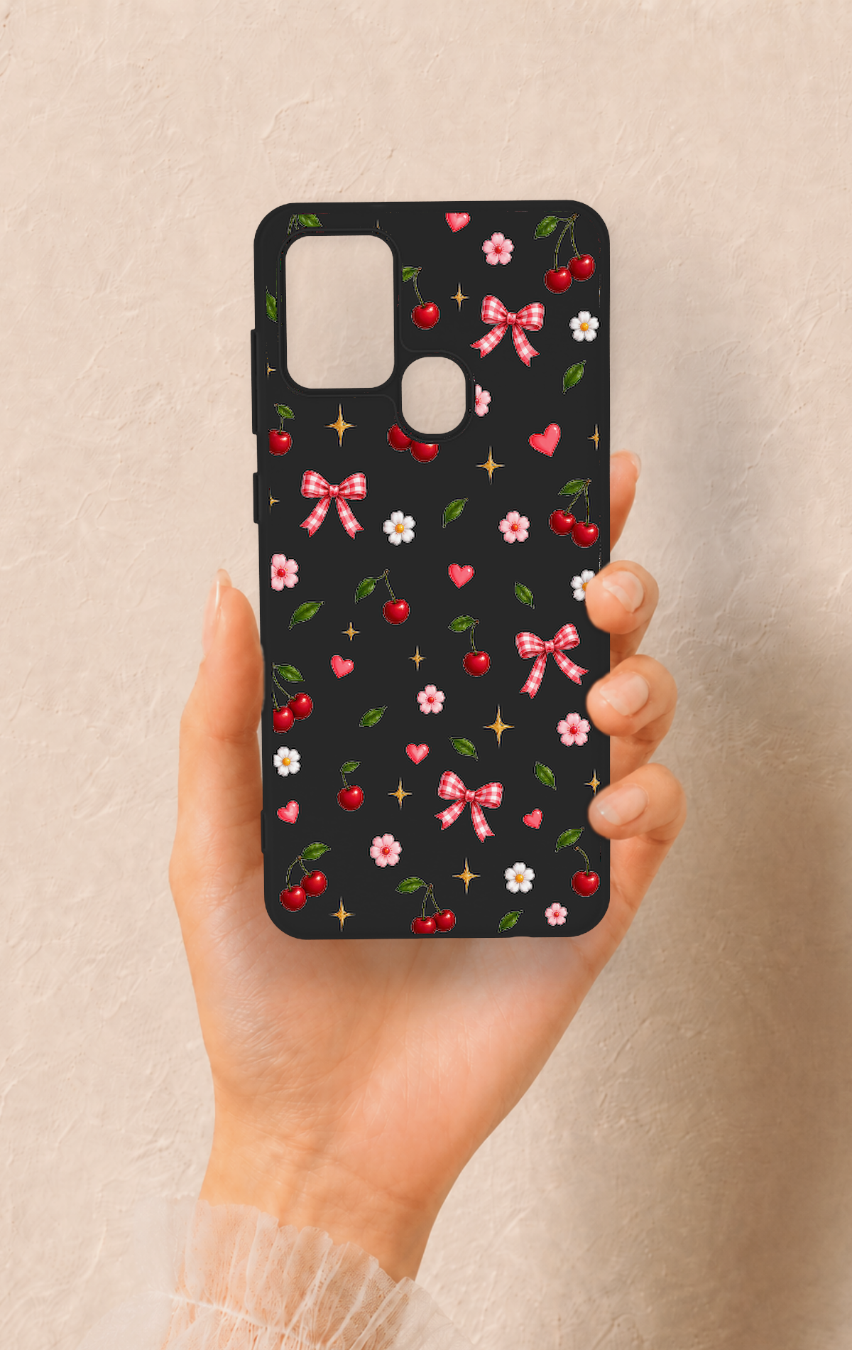 Samsung A21S Uyumlu Papatya Kiraz Fiyonk Desenli Silikon Kılıf