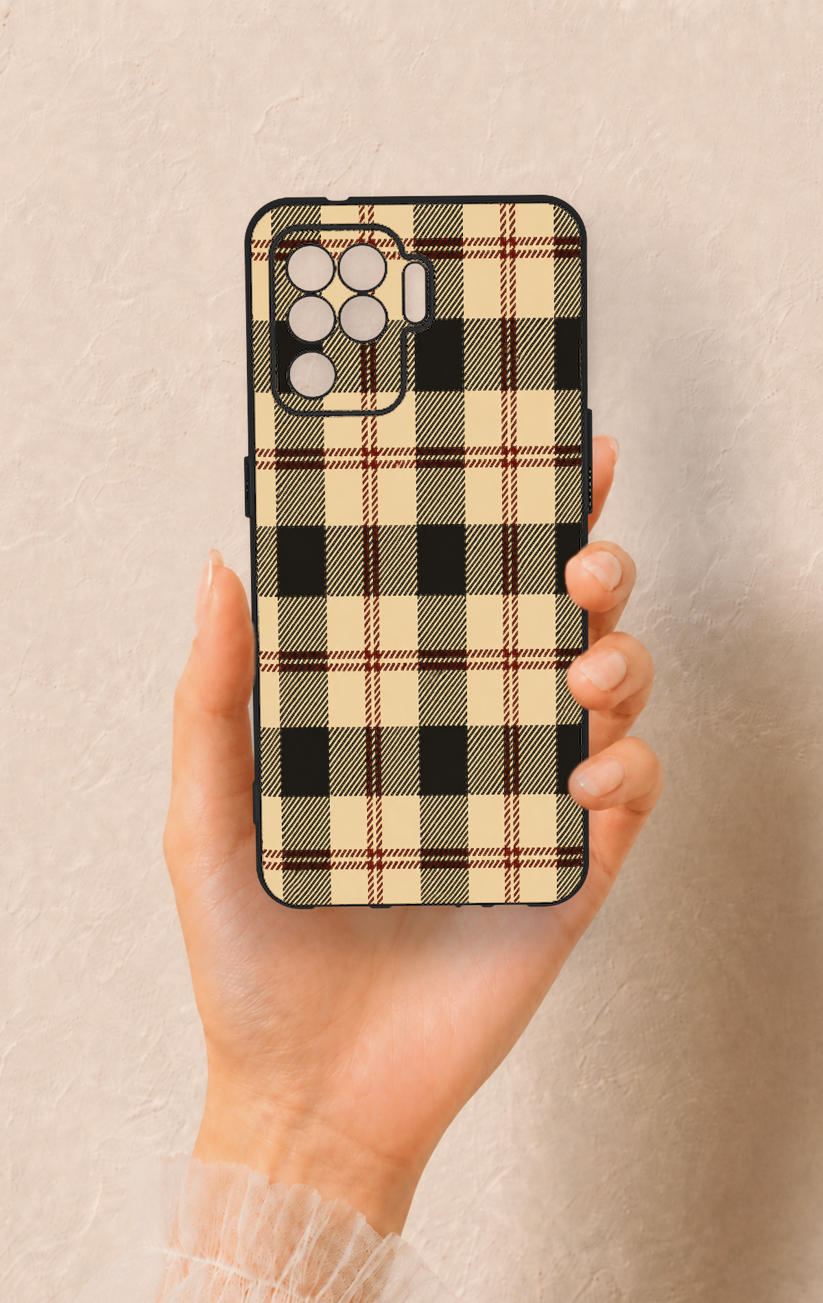 Oppo Reno 5 Lite Uyumlu Krem Ekose Desenli Silikon Kılıf