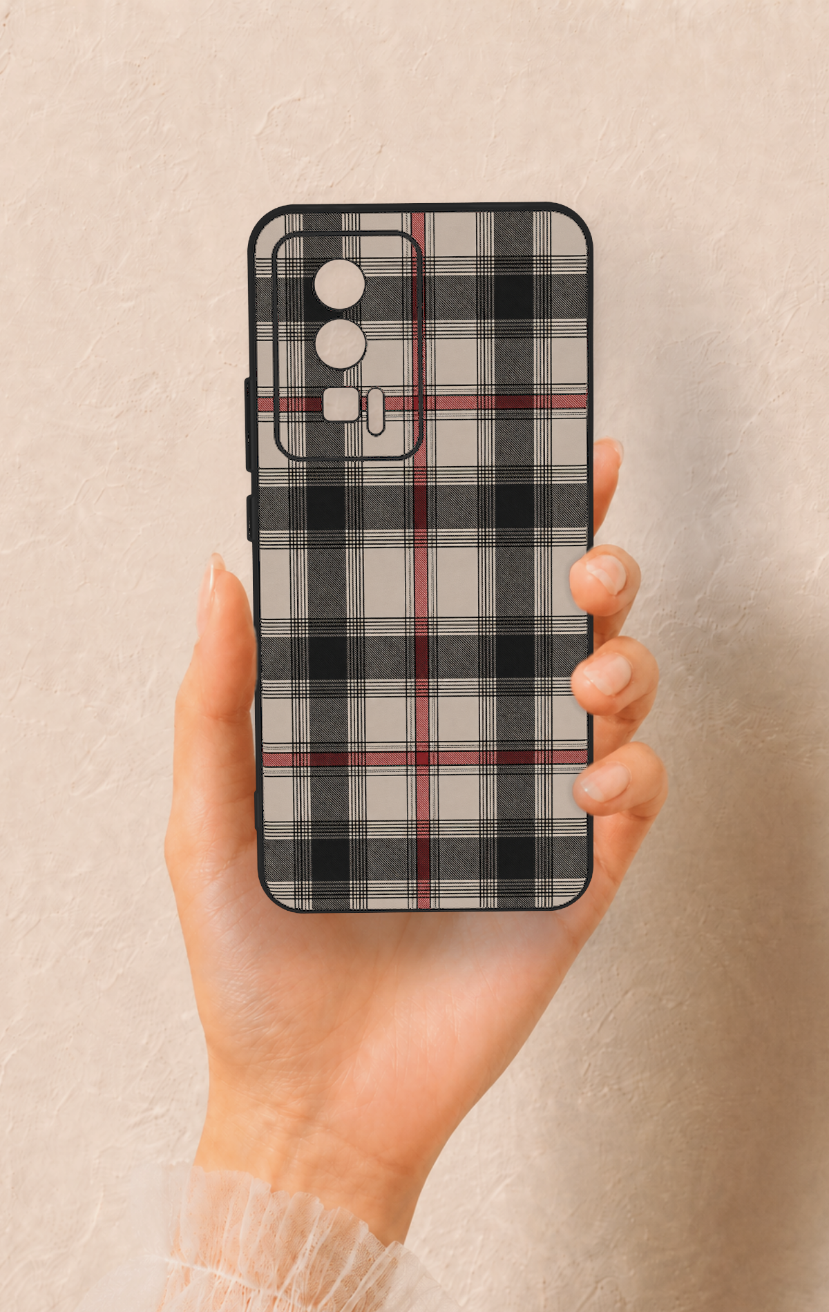 Poco F5 Pro Uyumlu Siyah Kırmızı Ekose Desenli Silikon Kılıf