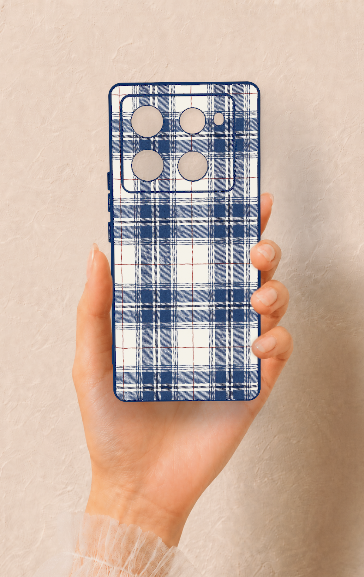 İnfinix Note 40 Pro Uyumlu Bej Lacivert Ekose Desenli Silikon Kılıf