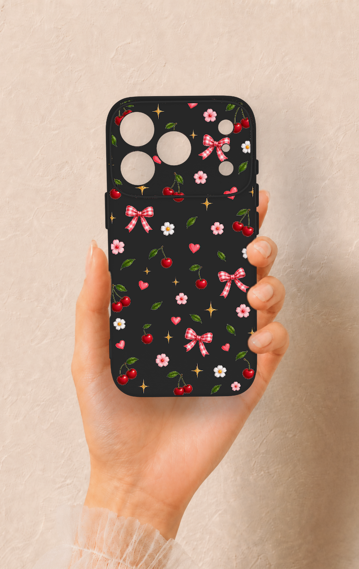 iPhone 17 Pro Uyumlu Papatya Kiraz Fiyonk Desenli Silikon Kılıf