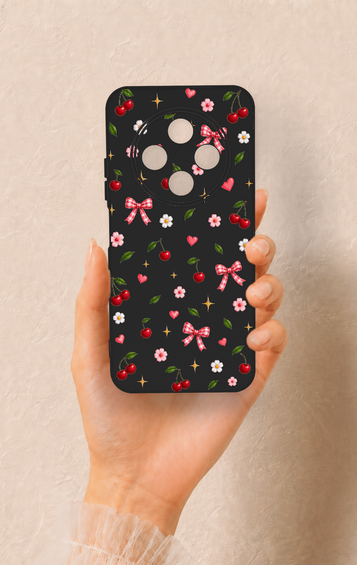 Tecno Spark 30C Uyumlu Papatya Kiraz Fiyonk Desenli Silikon Kılıf