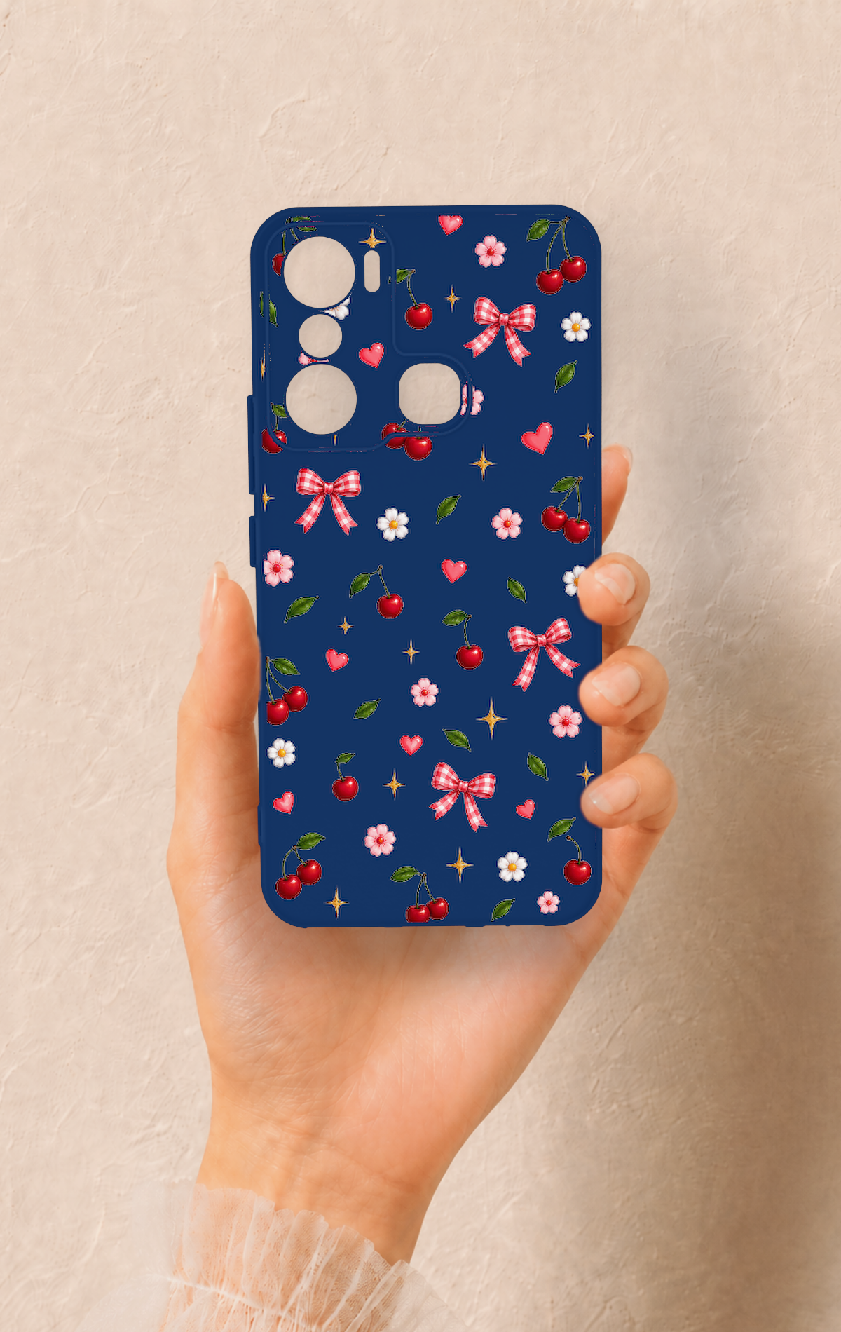 İnfinix Hot 20i Uyumlu Çiçek Kiraz Fiyonk Desenli Silikon Kılıf