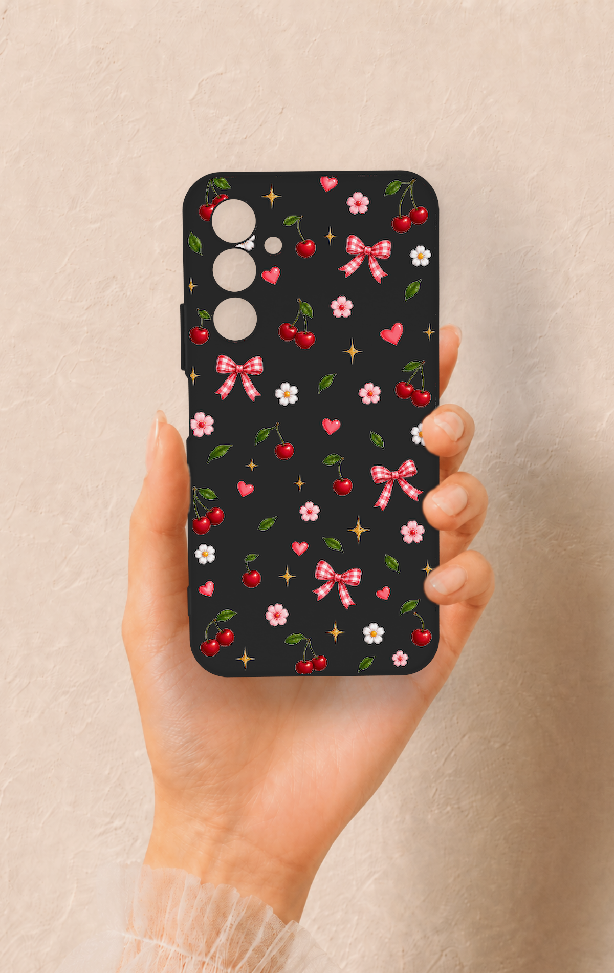 Samsung A54 Uyumlu Papatya Kiraz Fiyonk Desenli Silikon Kılıf