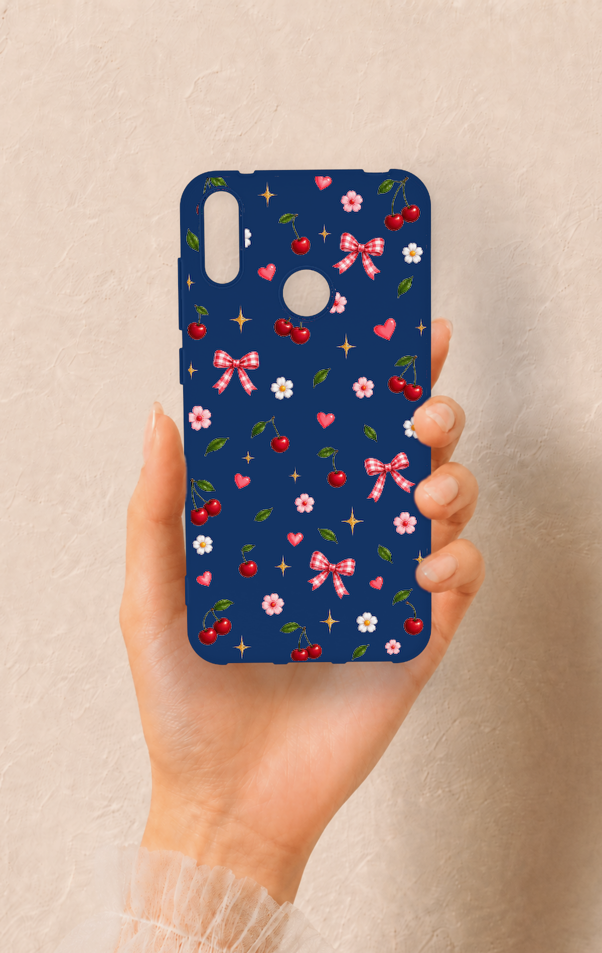 Huawei Y7 2019 Uyumlu Çiçek Kiraz Fiyonk Desenli Silikon Kılıf