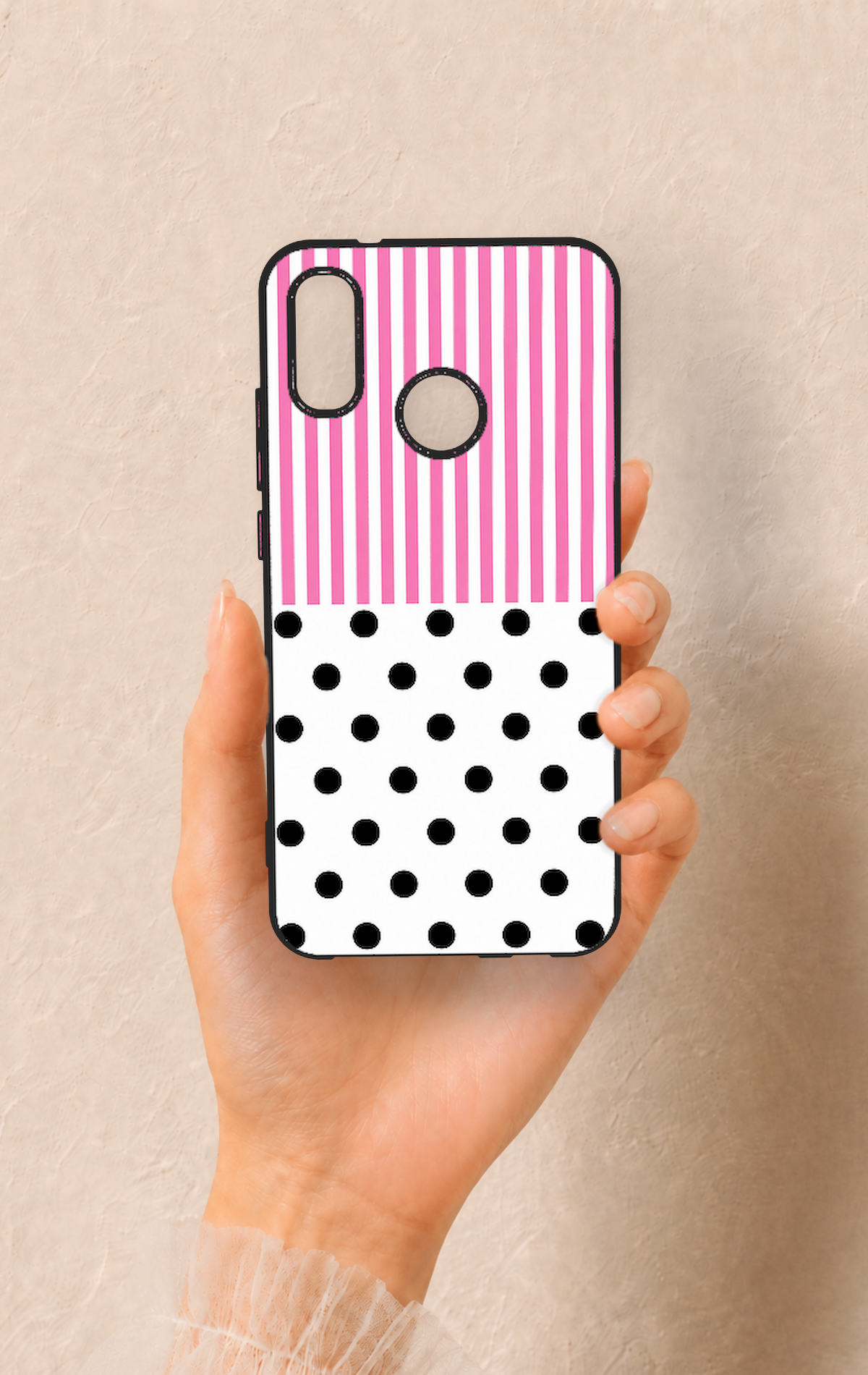 Huawei P20 Lite Uyumlu Pembe Çizgili Puantiye Desenli Silikon Kılıf