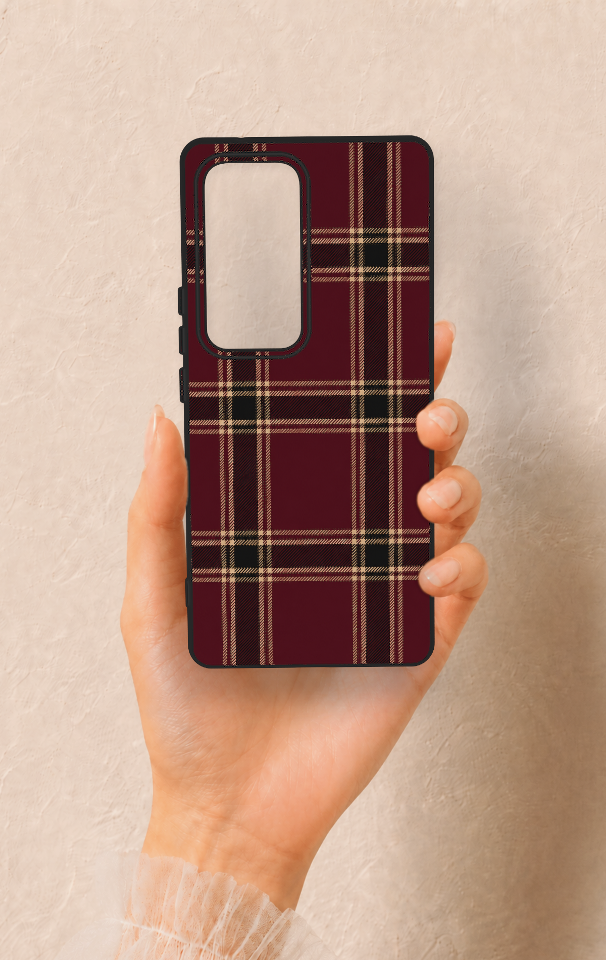 Vivo V30 Uyumlu Bordo Siyah Ekose Desenli Silikon Kılıf